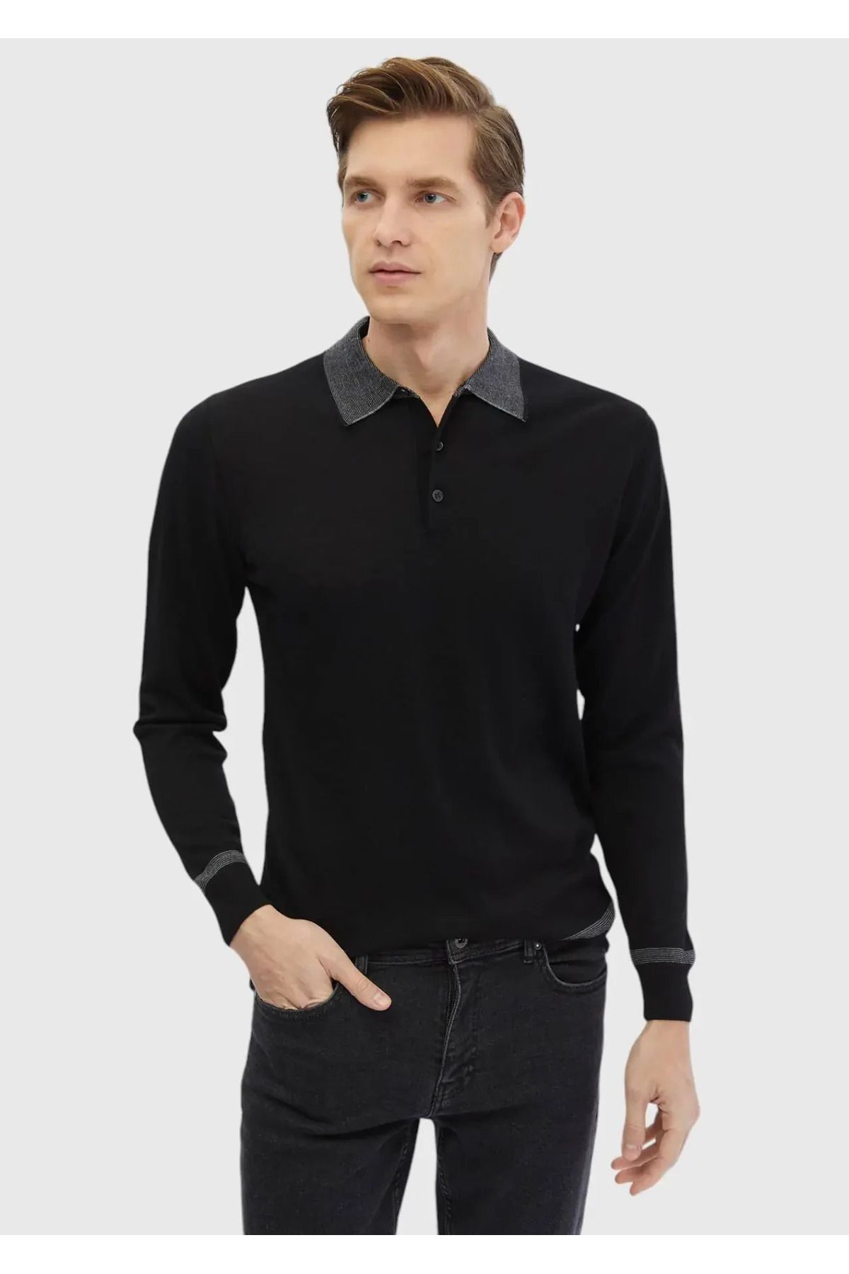Ramsey Siyah Polo Yaka Jakarlı %100 Yün Triko