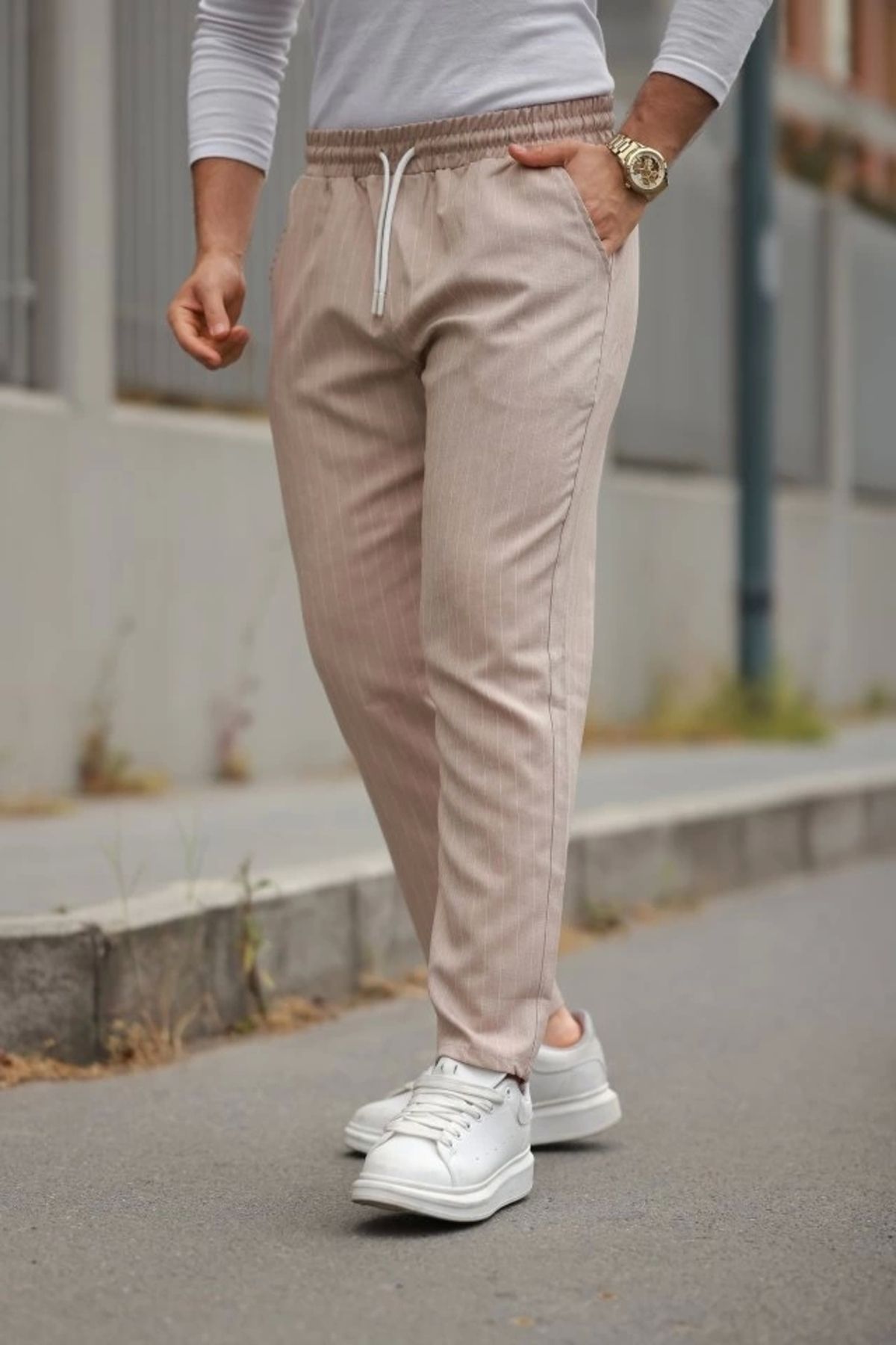 Butik Erkek Beli Bağcıklı çizgili Pantolon