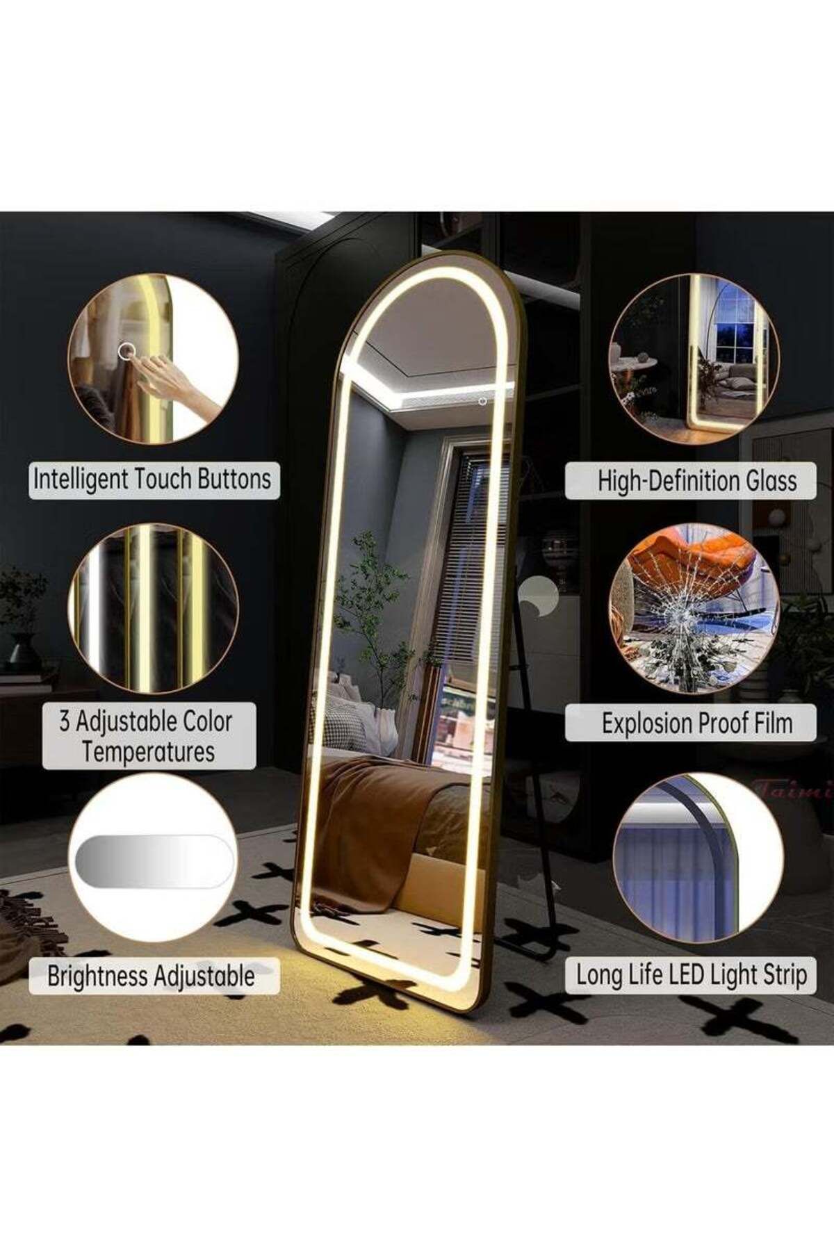 Taimi-Curved Mirror with 3 Levels of LED Touch Lighting and Curved Aluminum Frame in White150x50cm 3