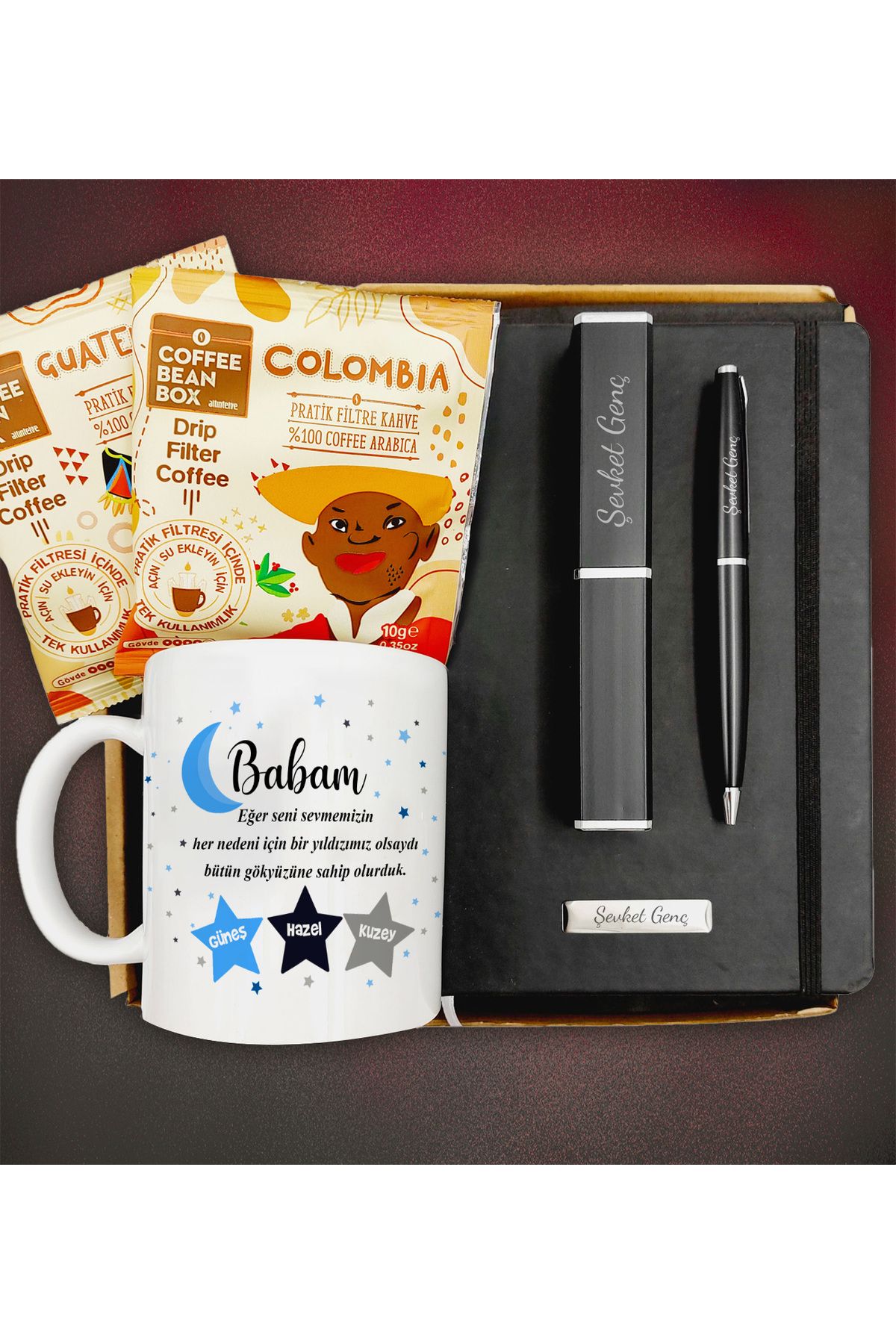 Hazellica 🎁Babalar Günü İçin Kişiye Özel Defter&Kalem&Kupa&Dünya Kahveleri Hediye Seti🎁