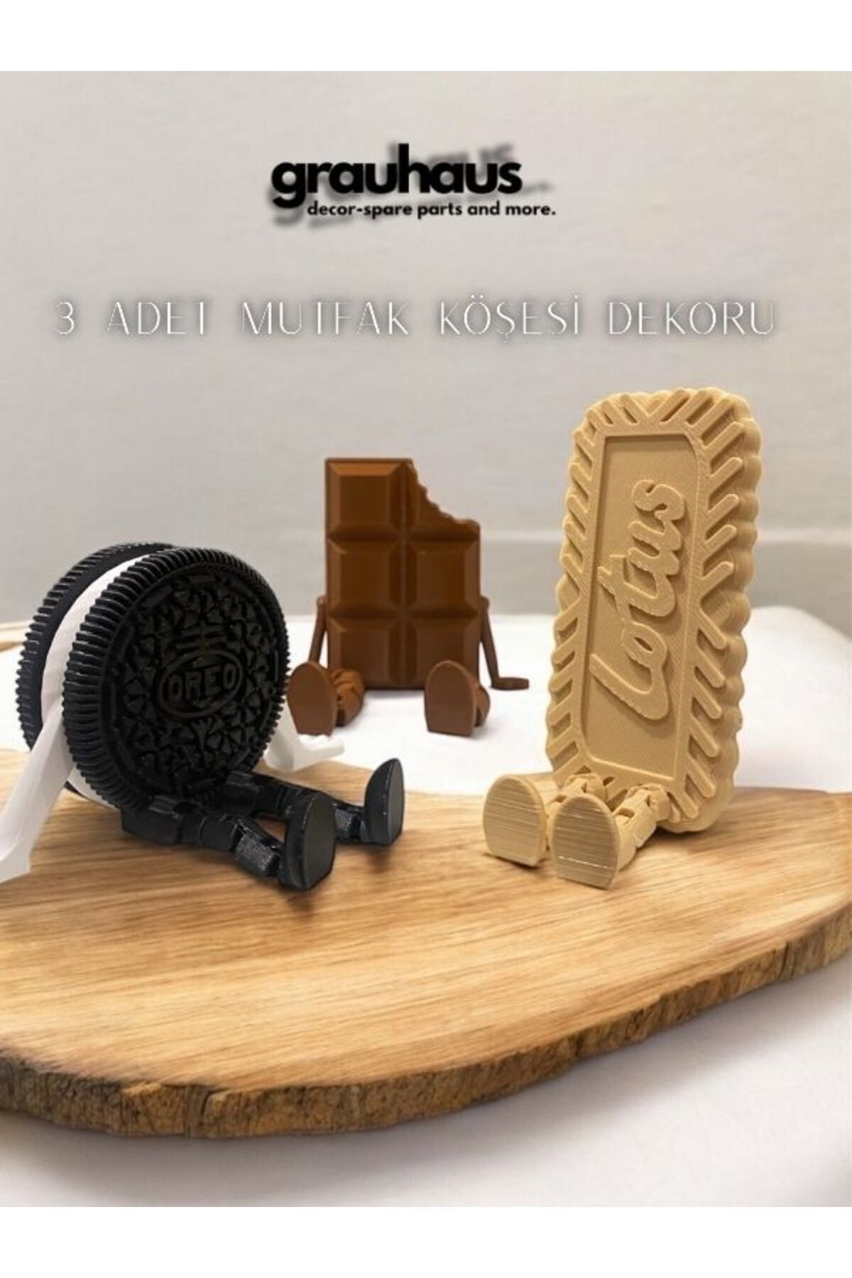SerenityHaven 3'lü Sevimli Kahve Köşesi Biblo Seti - Siyah Oreo - Krem Lotus Bisküvi - Belçika Çikolatası