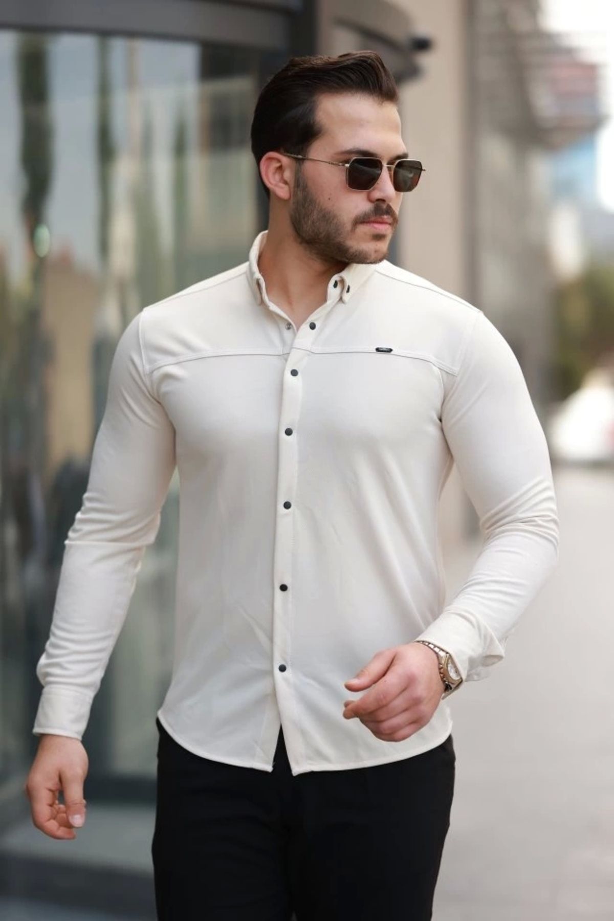 Butik Erkek çıtçıt Düğmeli Dikiş Detaylı Uzun Kollu Gömlek