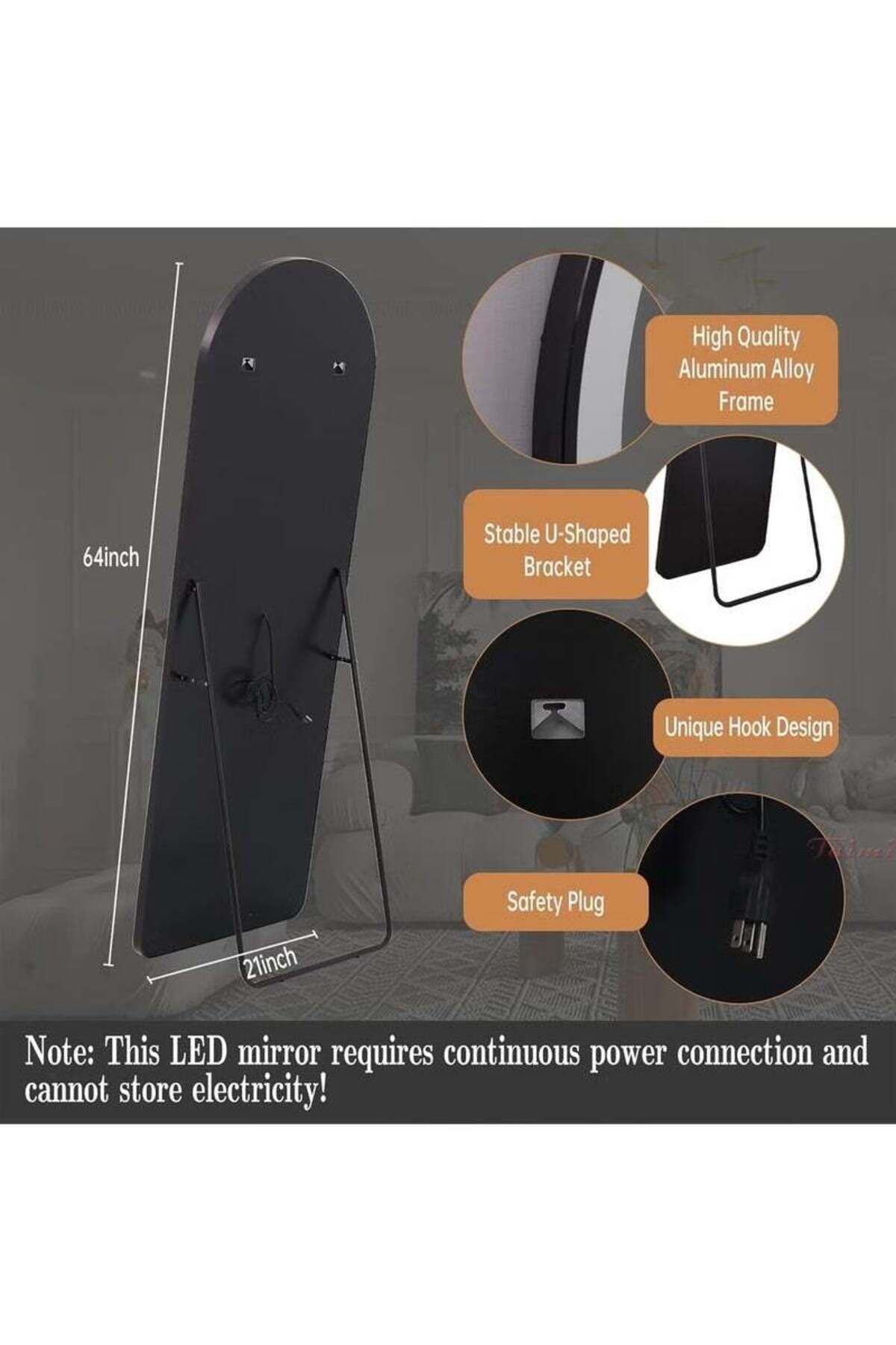 Taimi-Curved Mirror with 3 Levels of LED Touch Lighting and Curved Aluminum Frame in White150x50cm 4