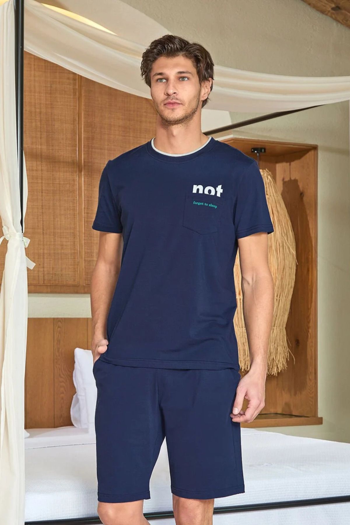 Mavelle Erkek Lacivert Kısa Kollu Bisiklet Yaka Erkek Pamuklu Pijama Şort Takım 25919