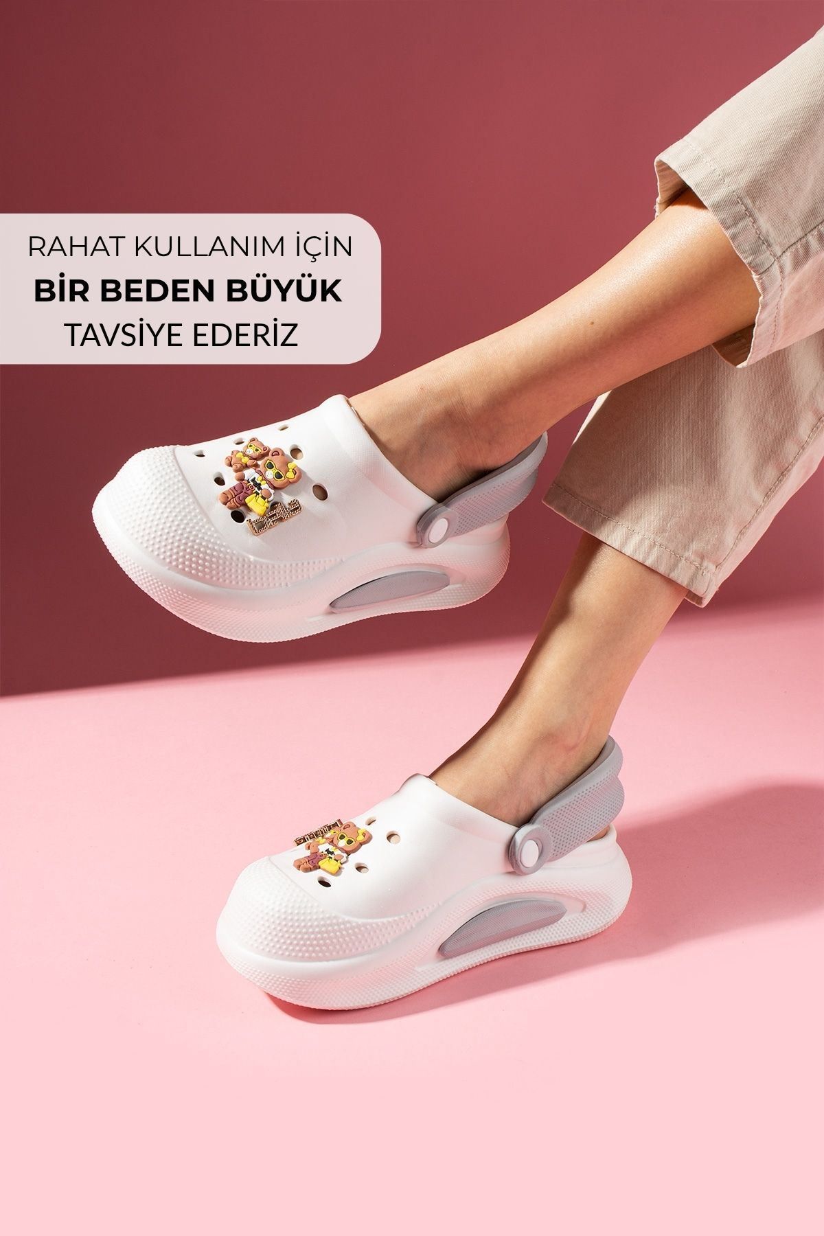 FUGA MODA Pelmo Beyaz Yüksek Taban Ayıcık Aksesuarlı Poliüretan Önü Kapalı Islak Zemin Terlik