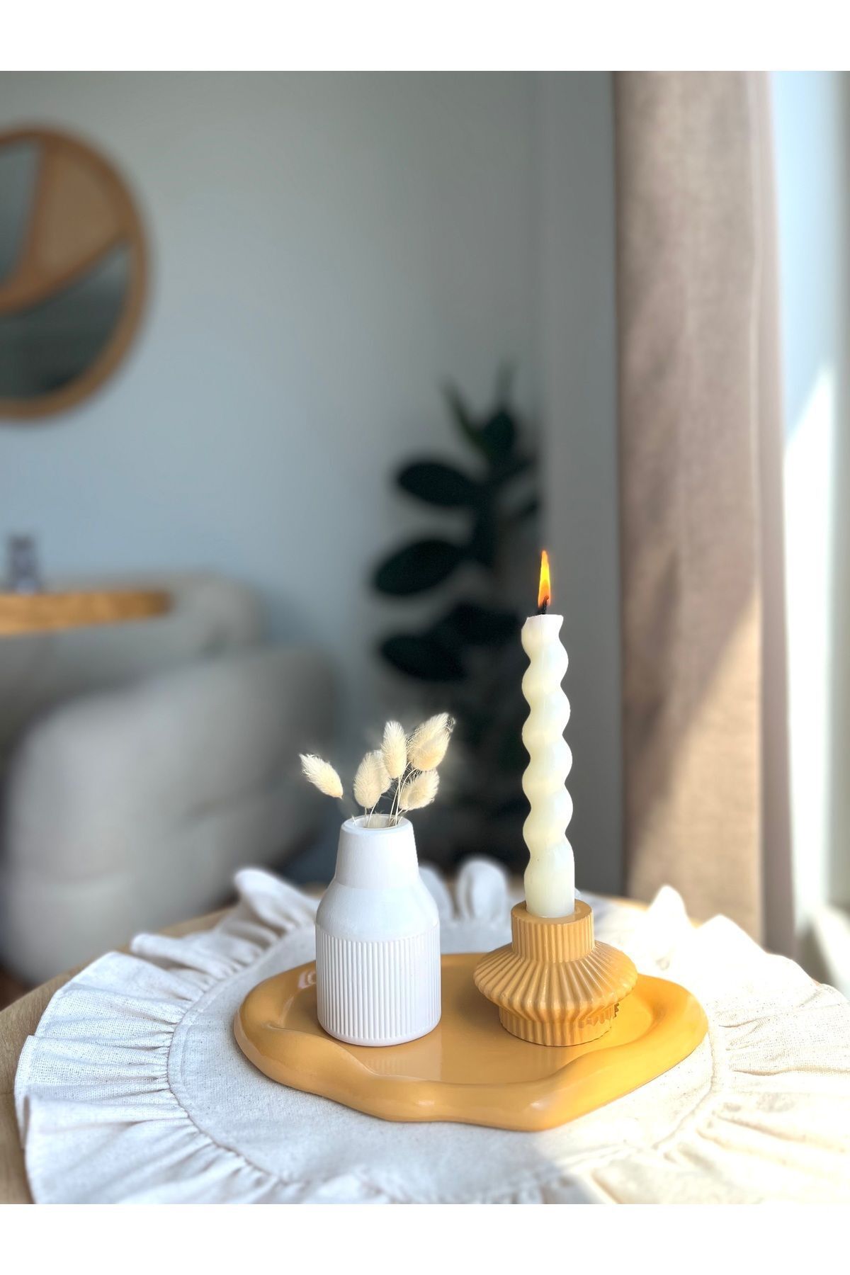 SerenityHaven Dekoratif hardal vazo şamdan set düzensiz tepsi