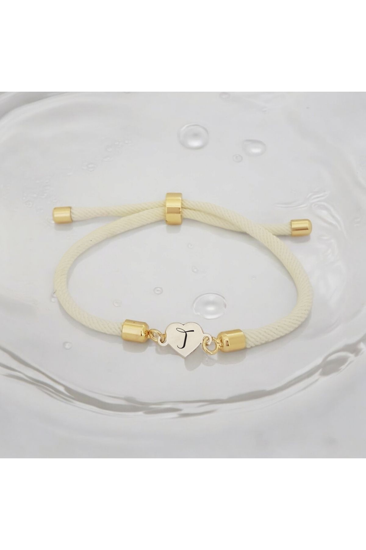 ARCHINO GOLD T Harfine Özel Kalp Motifli İpek Örgülü 14 Ayar Altın Plakalı Hediye Bileklik-478harf-beyaz