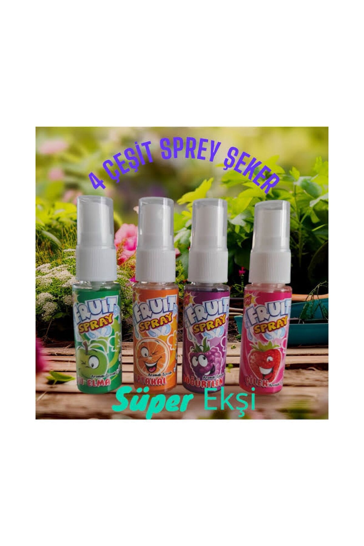 Kayabaş Büfe Sprey Meyve Suyu Sprey Şeker Süper Ekşi Çilek-Portakal-Böğürtlen-Yeşil Elma 4 Adet Fruit Spray