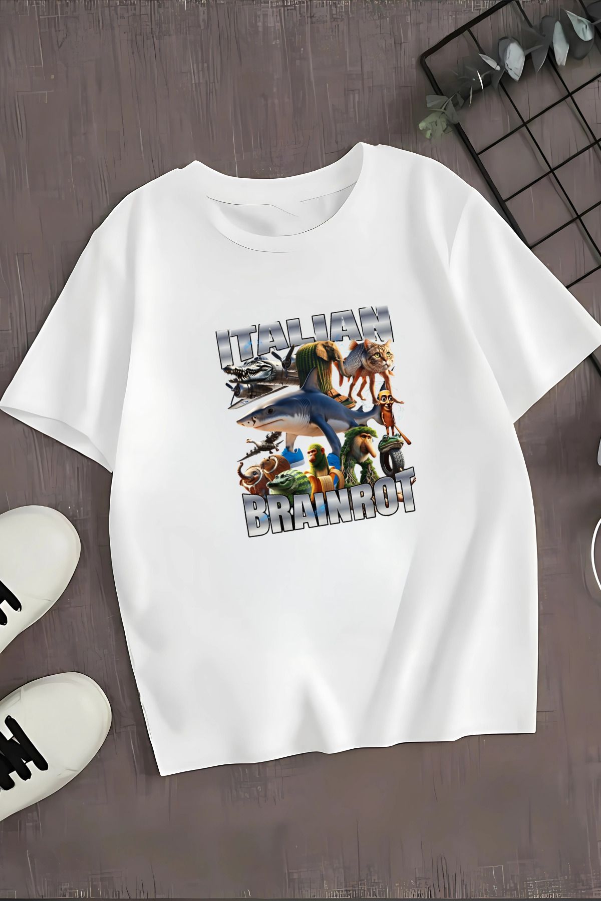 MECH BUTİK İtalian Brainrot Baskılı Siyah-Beyaz Kadın-Erkek Unisex Tişört T-Shirt