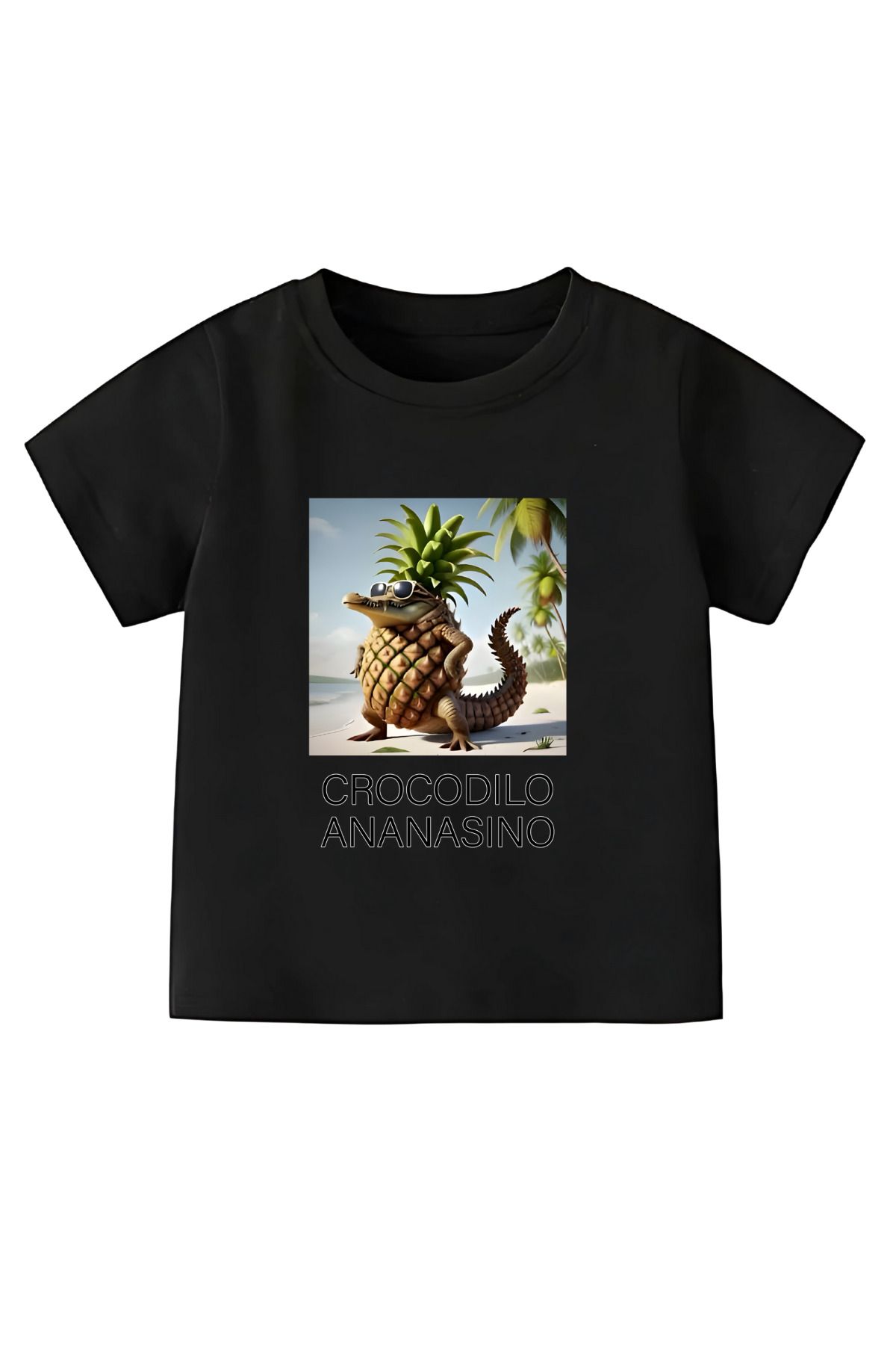 MECH BUTİK Crococilo Ananasino Baskılı Siyah-Beyaz Kadın-Erkek Tişört T-Shirt