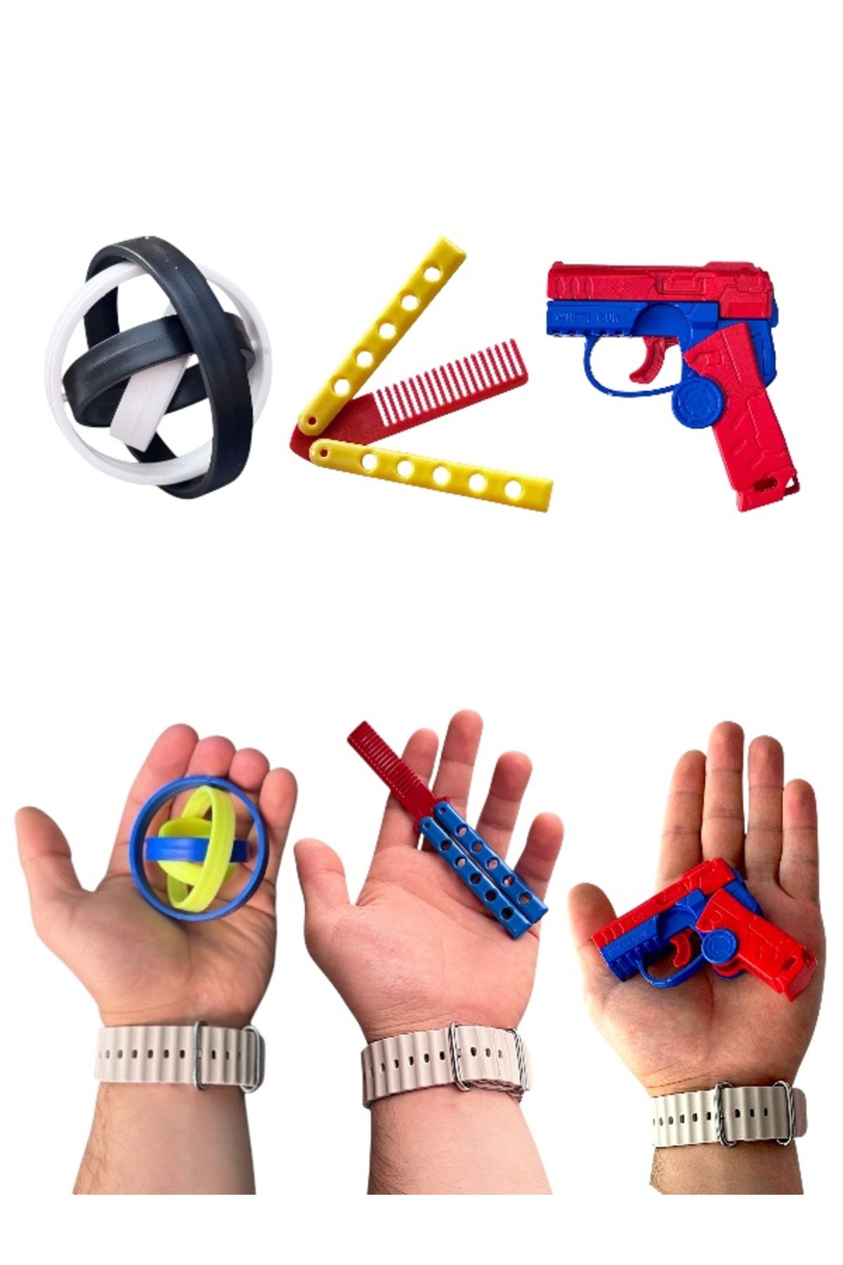 BeraToys 3'lü Set Parmak Jiroskopu, Kelebek Tarak, Çark Tabanca Stres Giderici