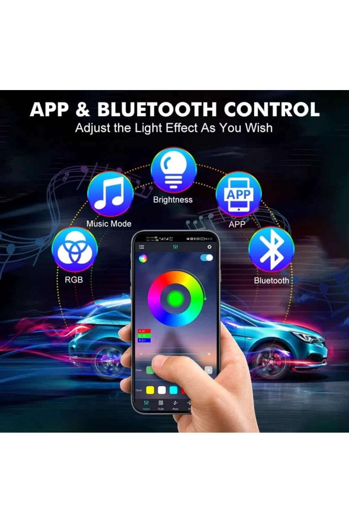 AUTOREY-Kit de lumini ambientale auto pentru interior cu 18 LED-uri RGB, conexiune USB, control prin aplicație, intensitate reglabilă 6