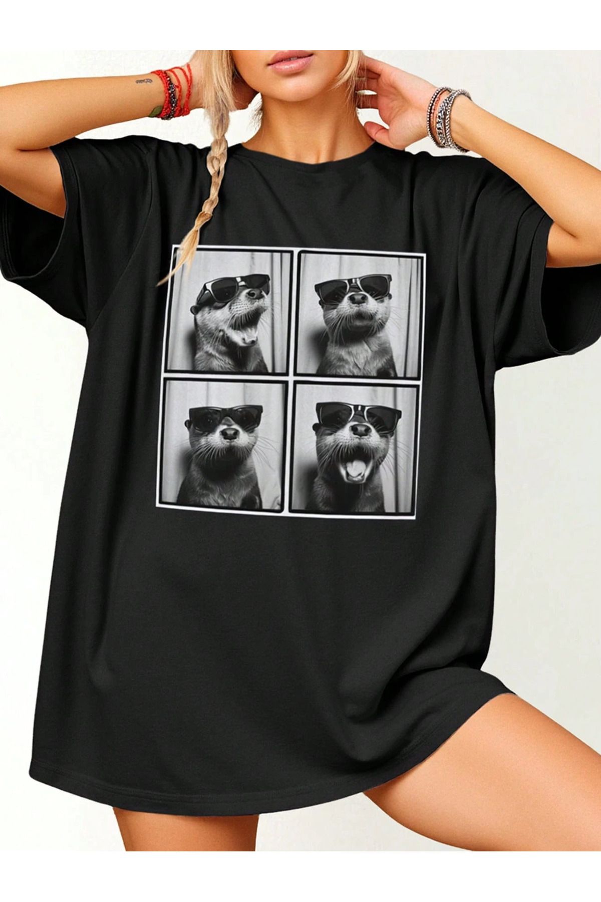 ELNOYA Unisex Pamuklu Siyah Oversize "Havalı Su Köstebeği" Baskılı Rahat Günlük T-shirt