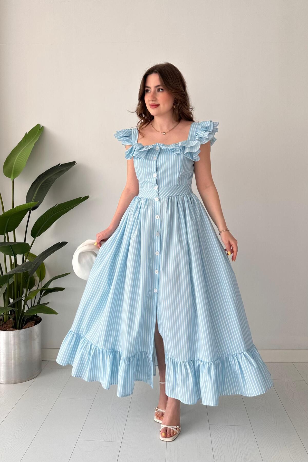 MaziButik Fırfır Detay Tasarım Poplin Elbise Bebe Mavi