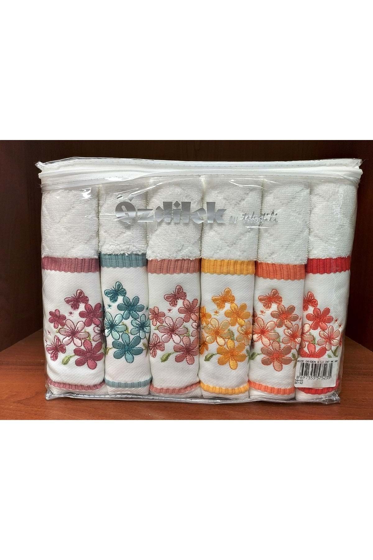 Özdilek Özdilek Çantalı 6lı Su Emiciliği Yüksek Pamuk El-Yüz Havlusu (50x85)-Roze Garden Beyaz