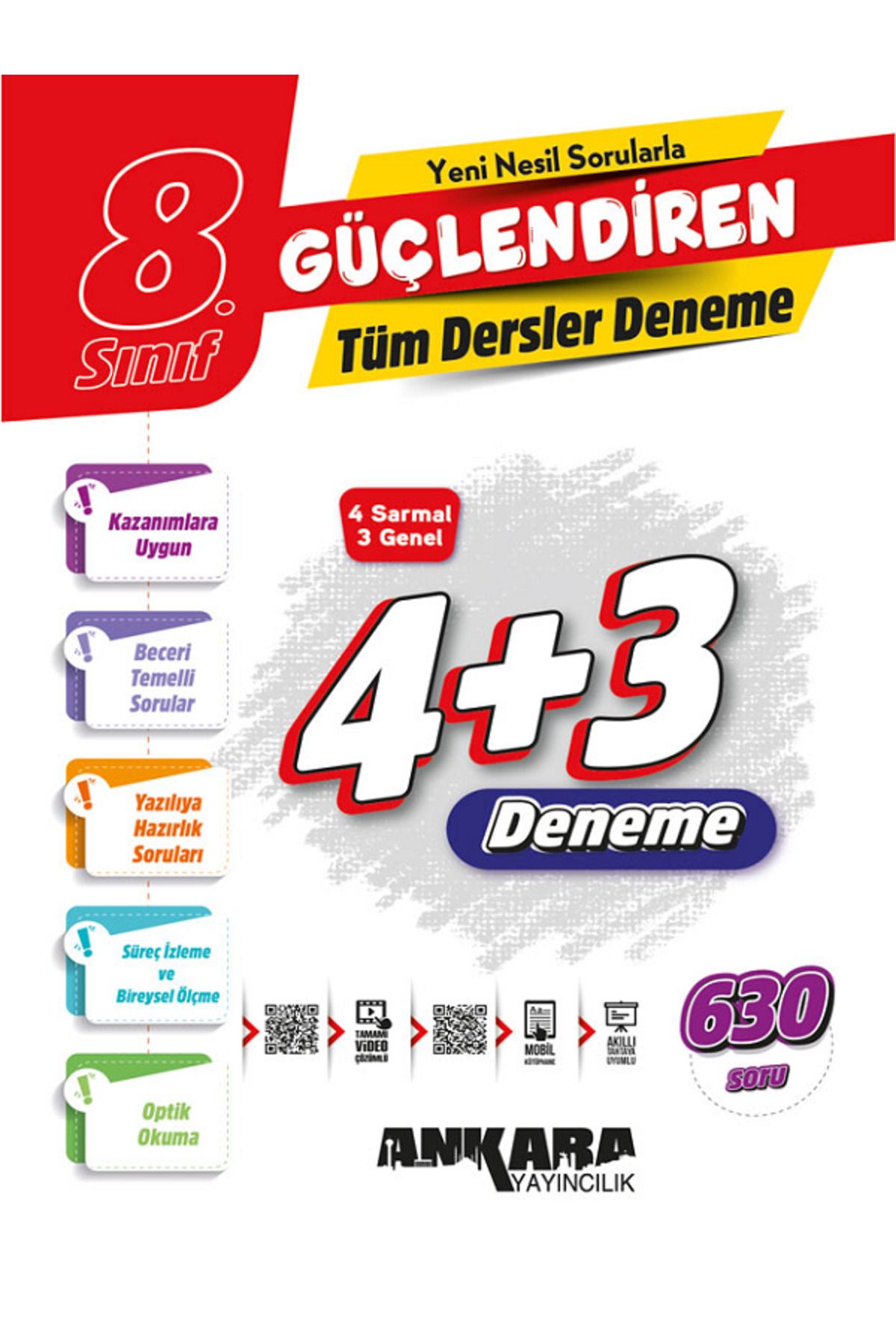 Evrensel İletişim Yayınları 8.Sınıf Ankara Güçlendiren 4+3 Tüm Dersler Deneme / 4 Sarmal 3 Genel / 630 Soru