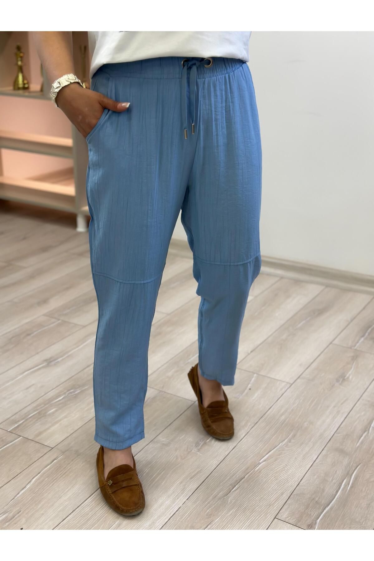 MELTEM TUĞAN Beli Lastikli Keten Pantolon BEBE MAVİ