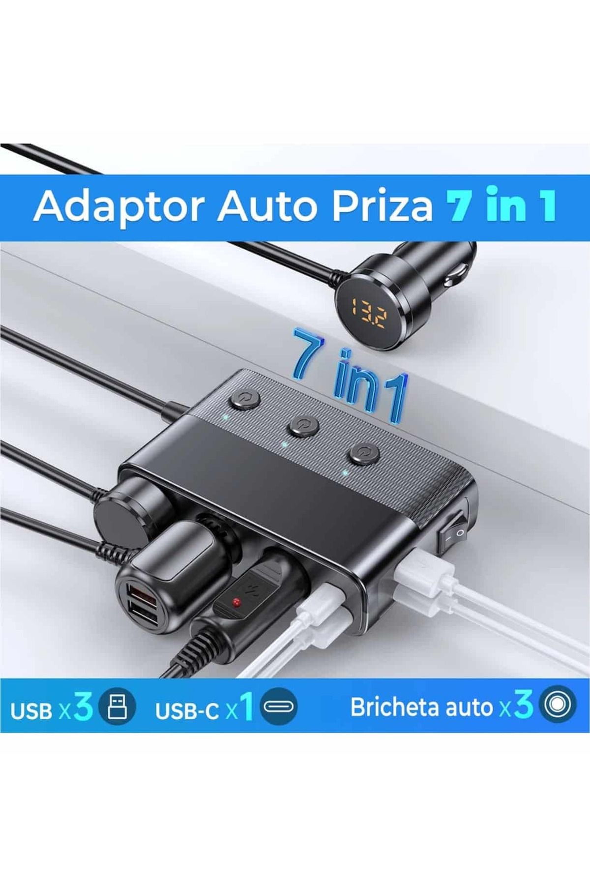 AUTOREY-7 in 1 Car Socket Adapter with LED Display 3 x USB Q.C 3.0 and USB-C port 127W 2