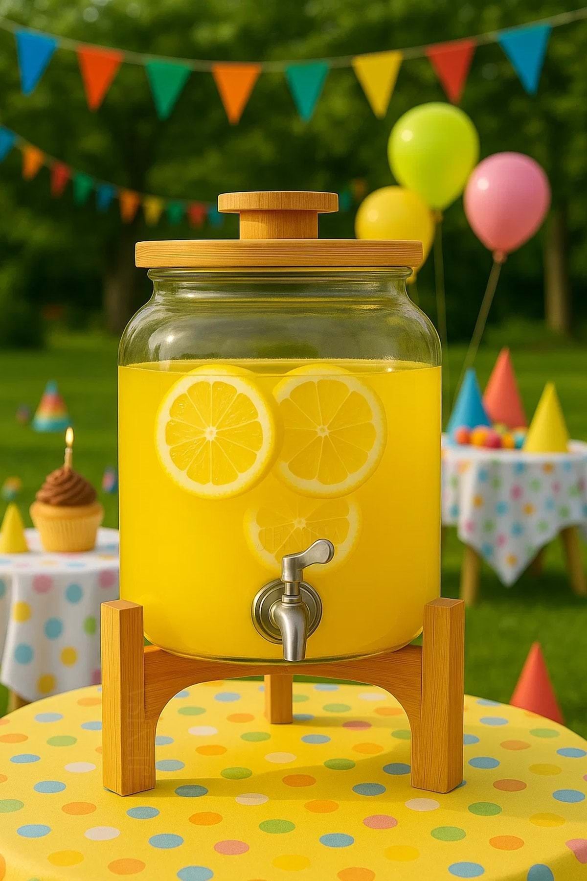 Jenisa 4 Litre Cam Şerbetlik – Musluklu, Bambu Standlı Sunumluk Sebil İçecek Dispenseri