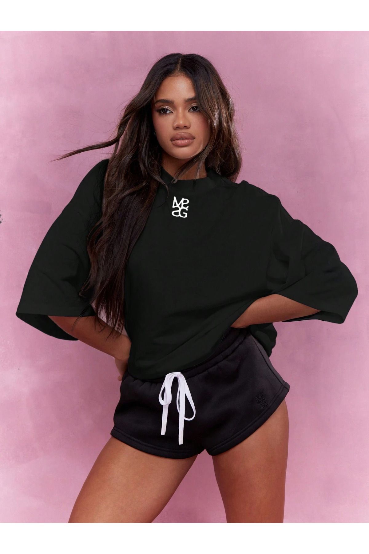 ELNOYA Unisex Pamuklu Siyah Oversize Baskılı Bisiklet Yaka Rahat Günlük T-shirt