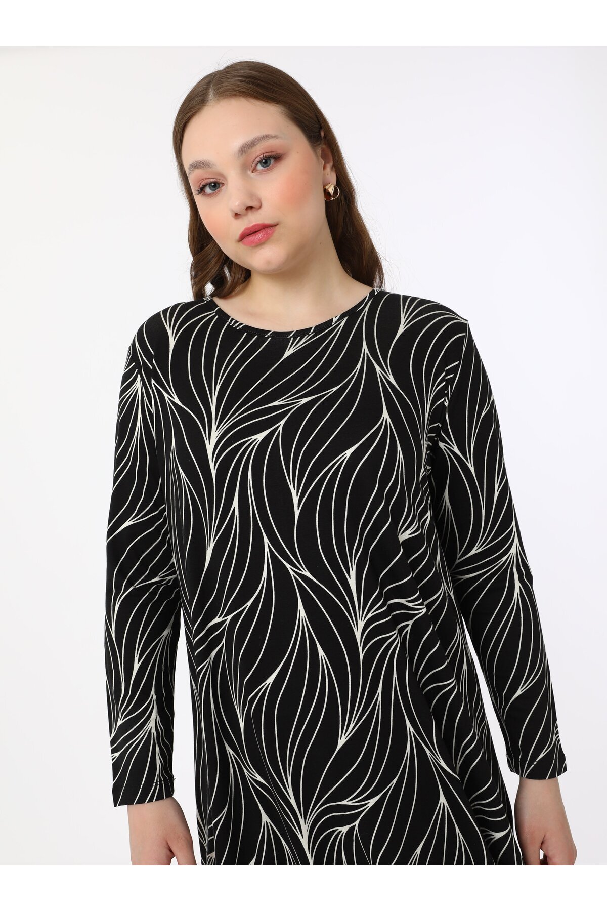 ALİA-Plus Size Patterned Knitted Dress - Black - Ecru - Alia 3