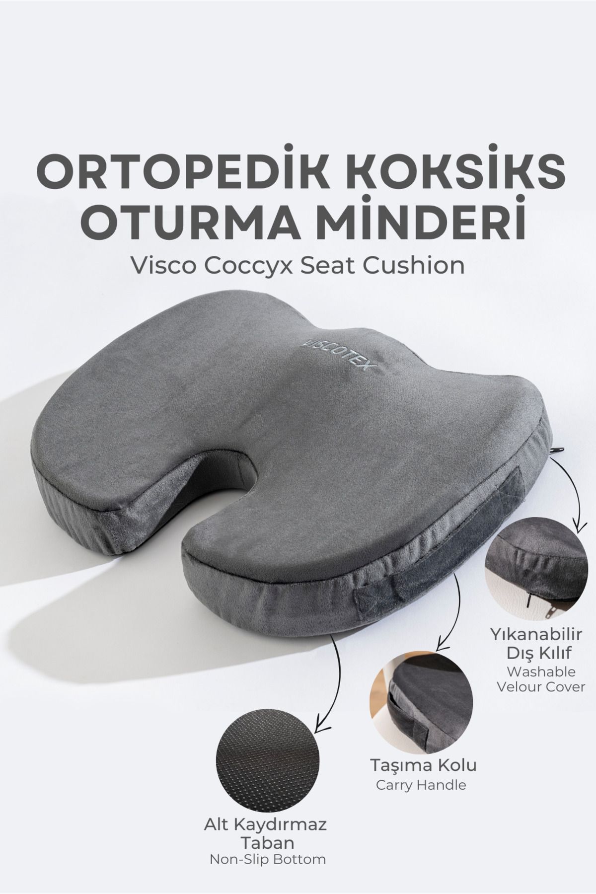 VİSCOTEX Visco Ortopedik, Kaydırmaz Tabanlı, Ofis, Araba, Koksiks Oturma Minderi, 45x34x7cm