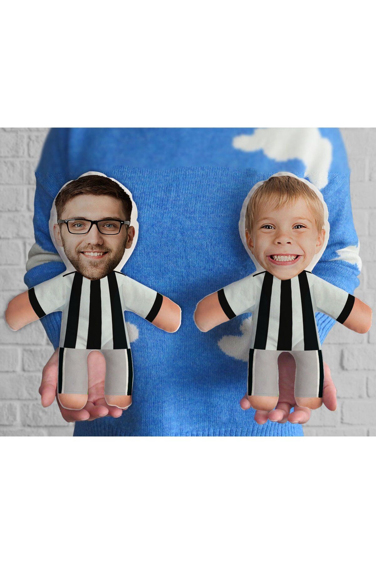 Bk Gift Kişiye Özel Siyah Beyaz Taraftar 2'li Baba&Oğul-Kız Futbolcu Bebek Yastık-1, Taraftar Hediye