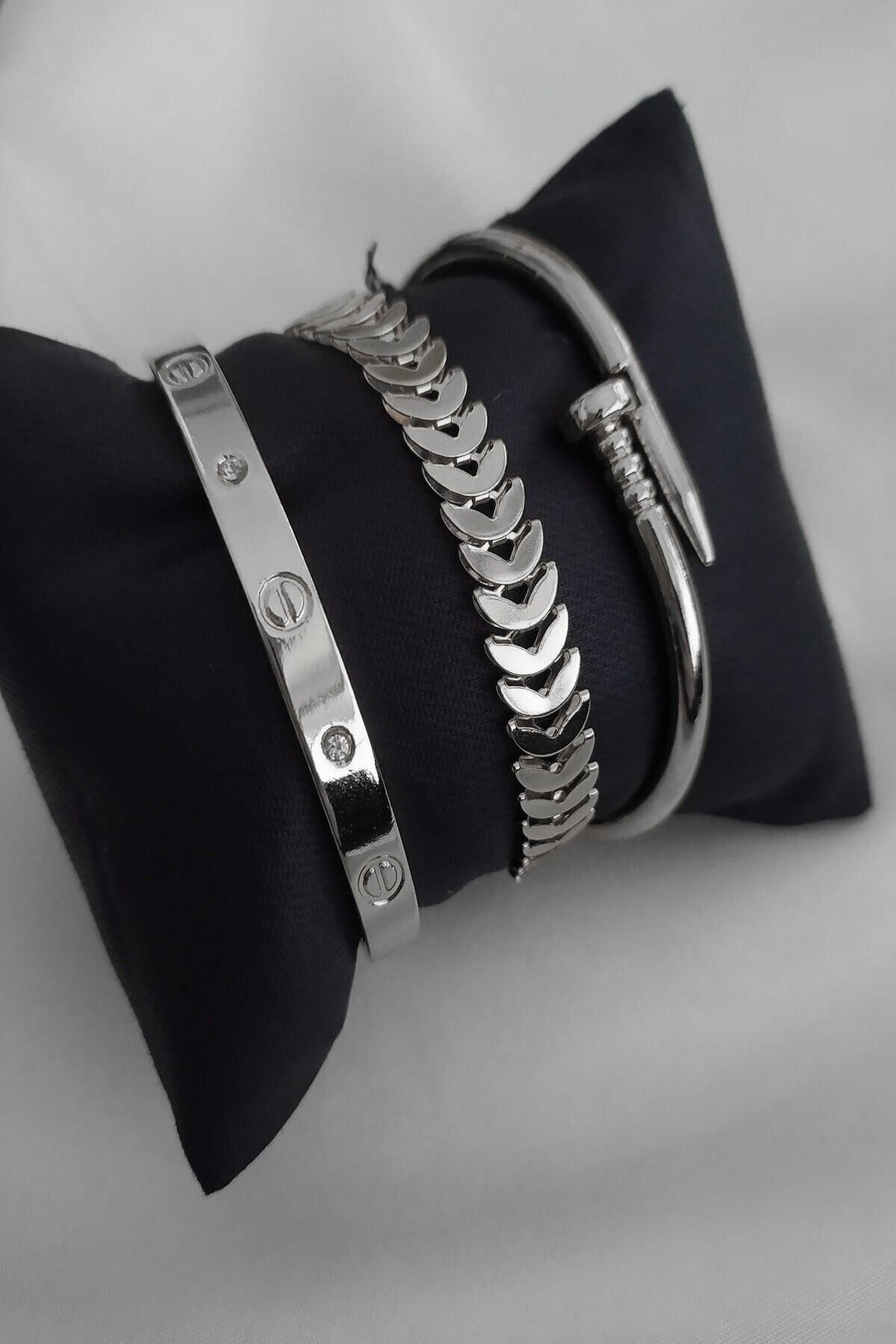 JEWELRY Kombin Kadın Gümüş Kaplama Taşlı Model Kılçık Ve Çivi Model Kombin Bileklik - 958