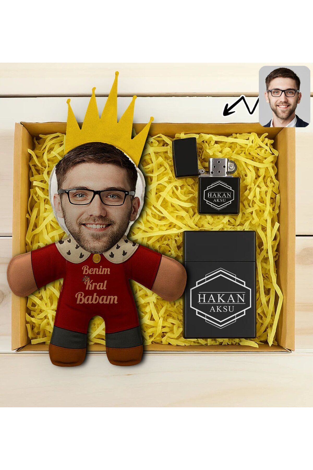 Bk Gift Kişiye Özel Fotoğraflı Kral Babam Tasarımlı Bebek Yastık-1 & Sigara Kutusu & Çakmak Hediye S