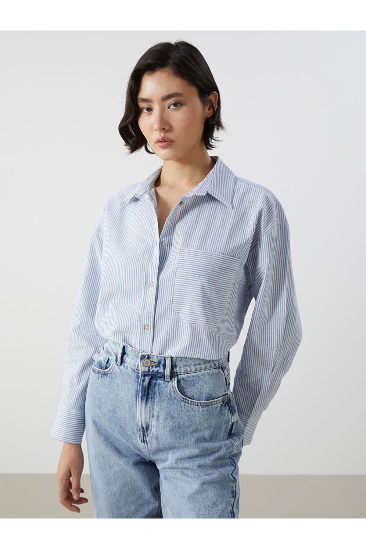 LC Waikiki Yeni Sezon Cizgili Keten Karisimli Oversize Kadin Gomlek - S5I321Z8