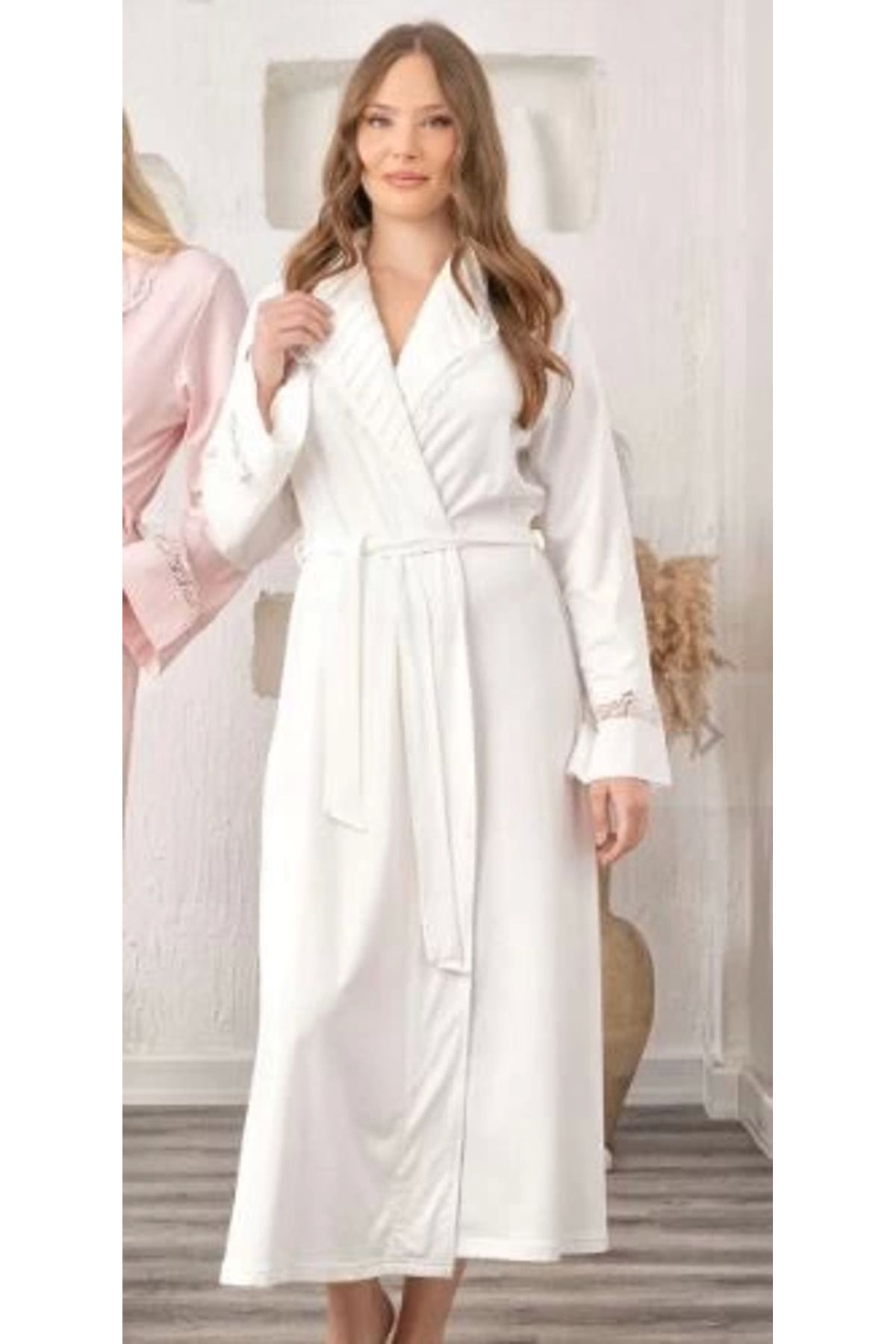 Modafiks Bone 5930 Lycra Nevrürlü Şal Yaka Sabahlık - EKRU - L