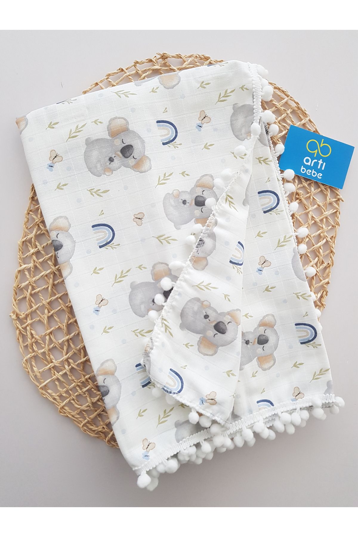 artıbebe Koala Çift Katlı Müslin Örtü Battaniye | %100 Pamuk Müslin Bez | Bebek Kundak, Emzirme Örtüsü
