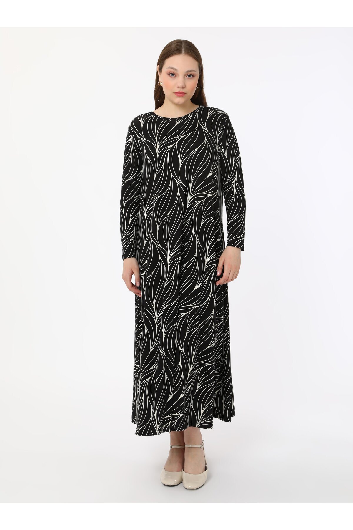 ALİA-Plus Size Patterned Knitted Dress - Black - Ecru - Alia 4