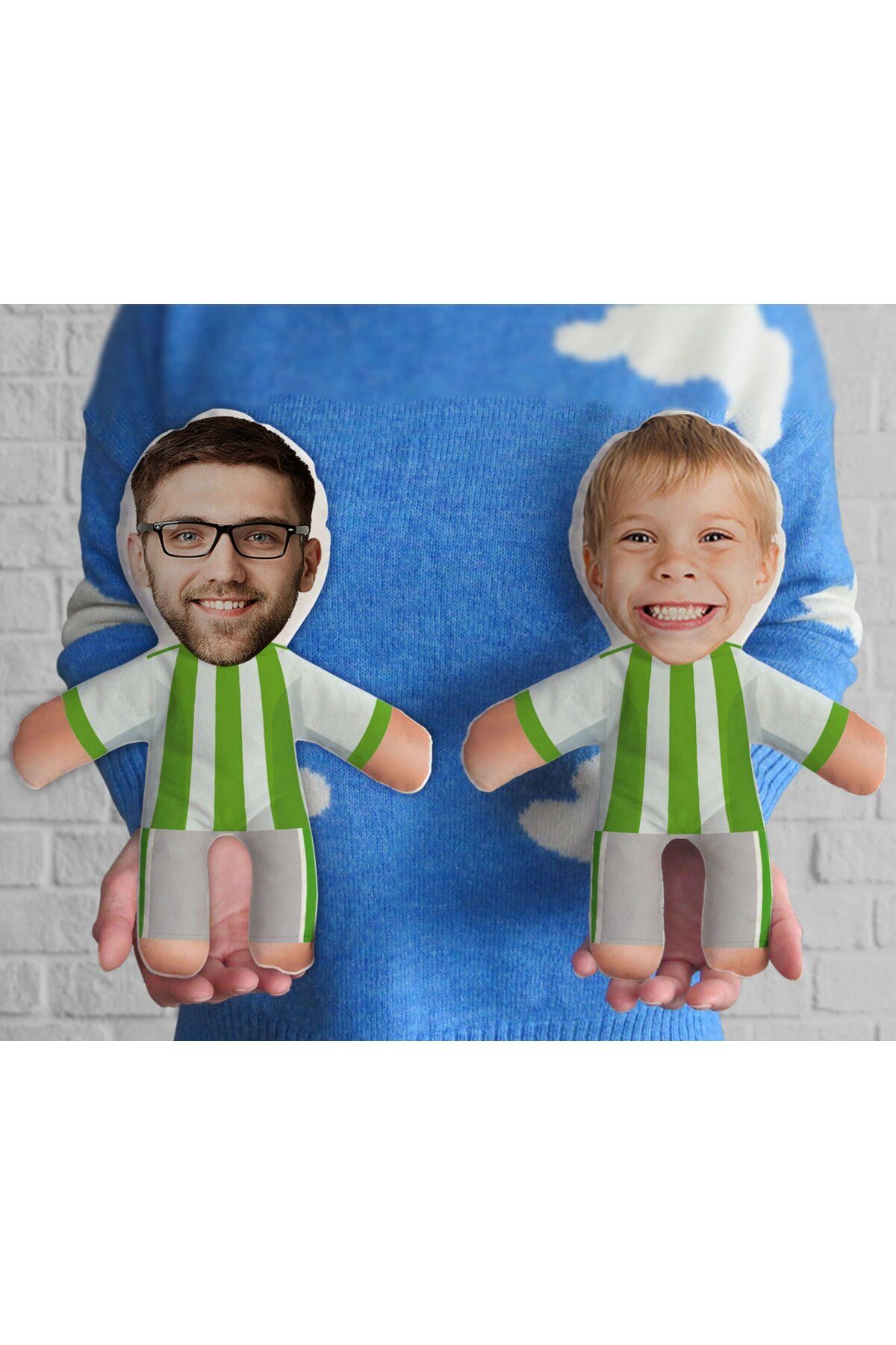 Bk Gift Kişiye Özel Yeşil Beyaz Taraftar 2'li Baba&Oğul-Kız Futbolcu Bebek Yastık