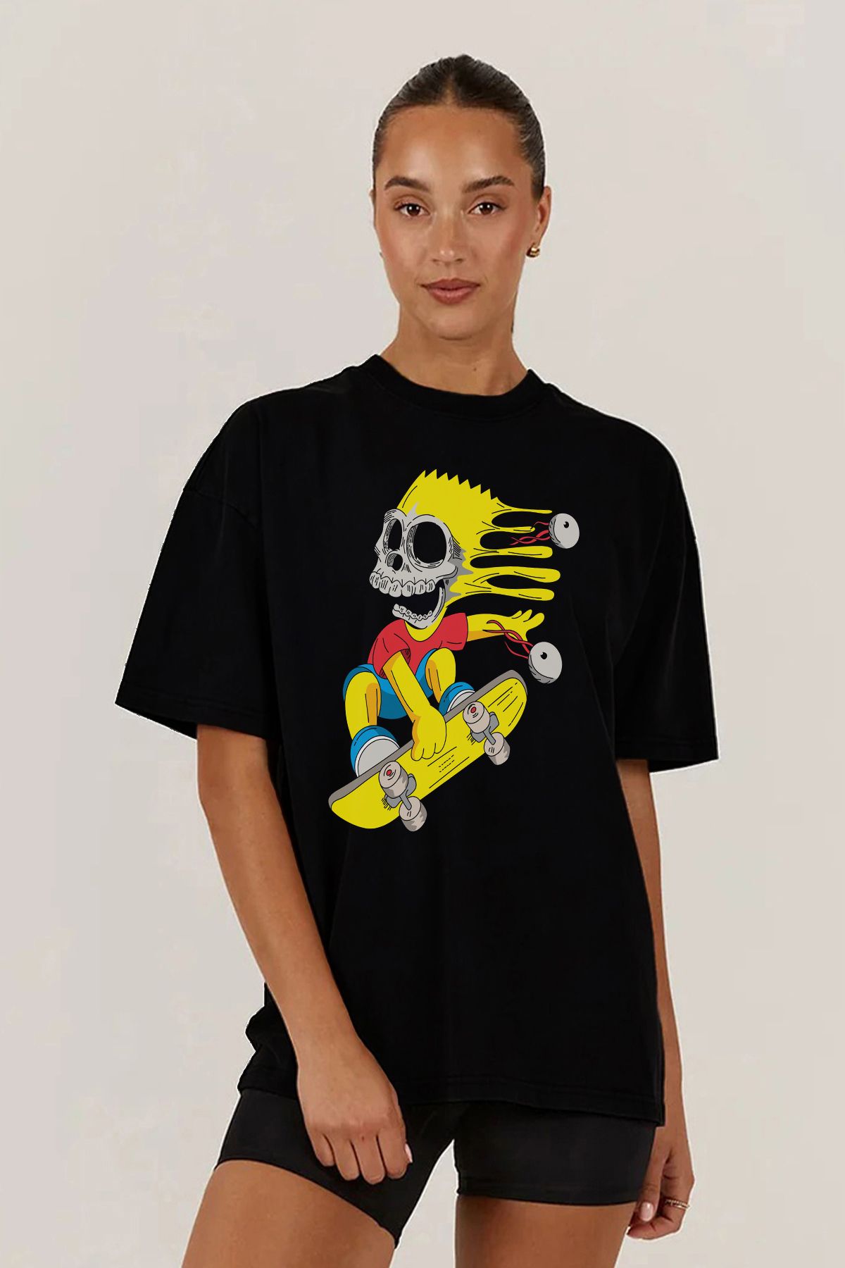 MODA The Simpsons Simpsonlar Bart Baskılı Oversize Kalıp Siyah Geniş Bol Kesim Kadın Tişört
