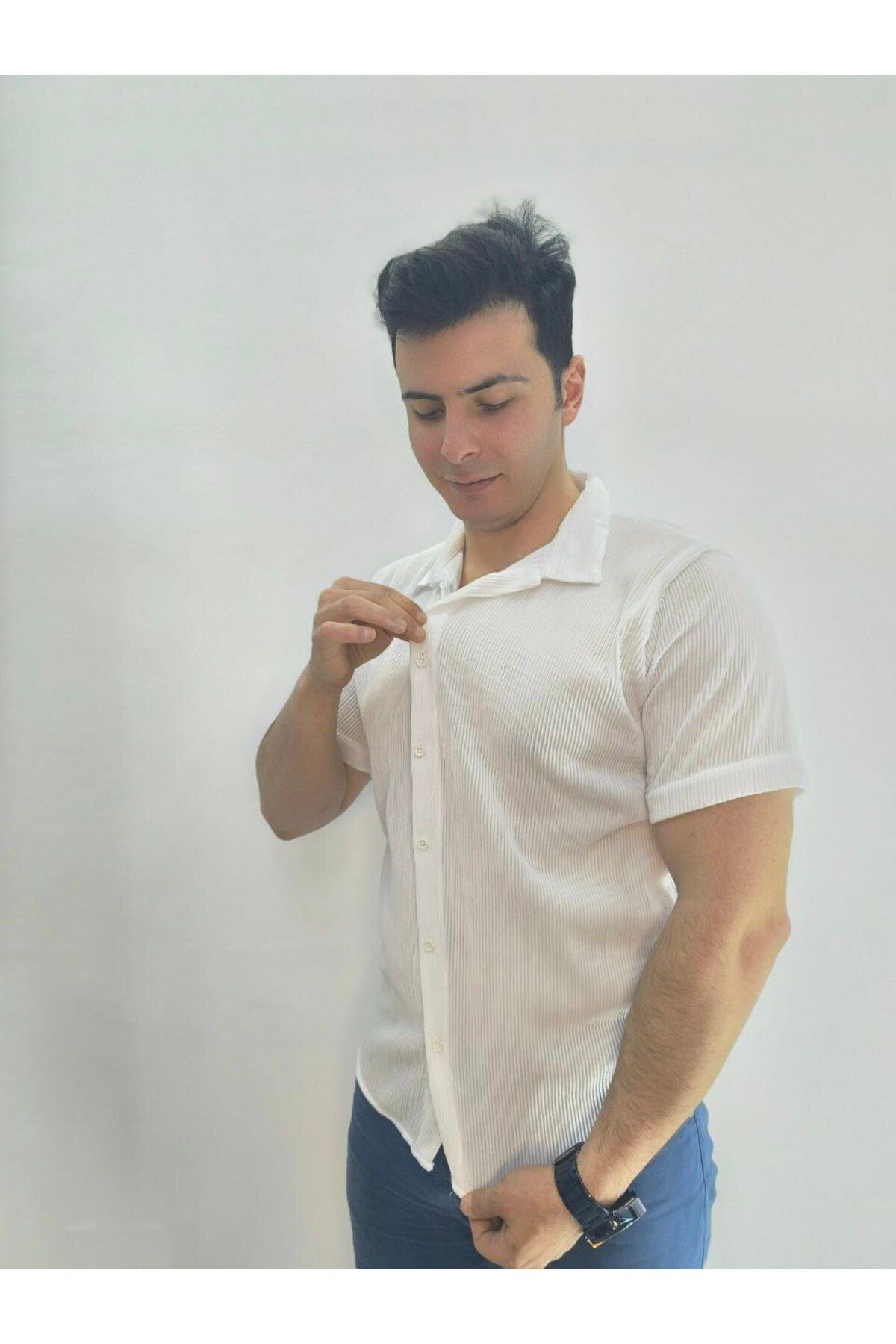 welsei Erkek Beyaz Fitilli Kısa Kollu Pamuk Gömlek | Rahat Kalıp | Spor ve Klasik Kombin Uygun