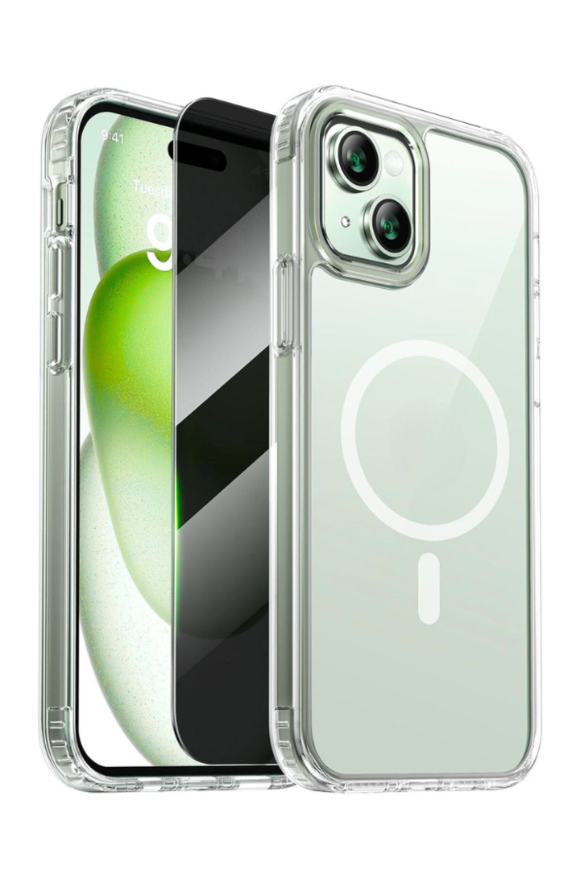 EVAX 1H1M iPhone 14 Plus Uyumlu 1 Hayalet Cam Ekran Koruyucu & 1 Magsafe Kılıf