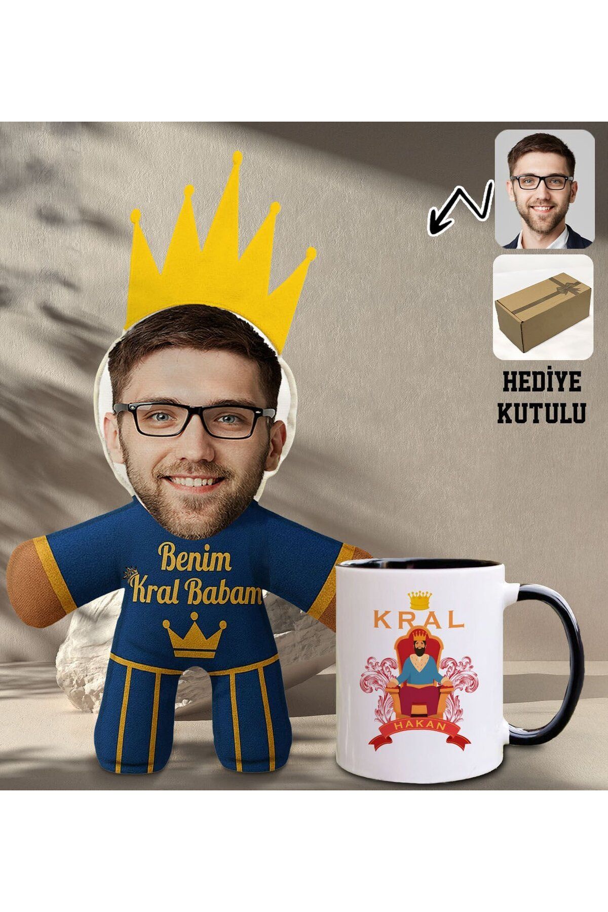 Bk Gift Kişiye Özel Fotoğraflı Kral Babam Tasarımlı Bebek Yastık-2 & Siyah Kupa Bardak Hediye Seti-1