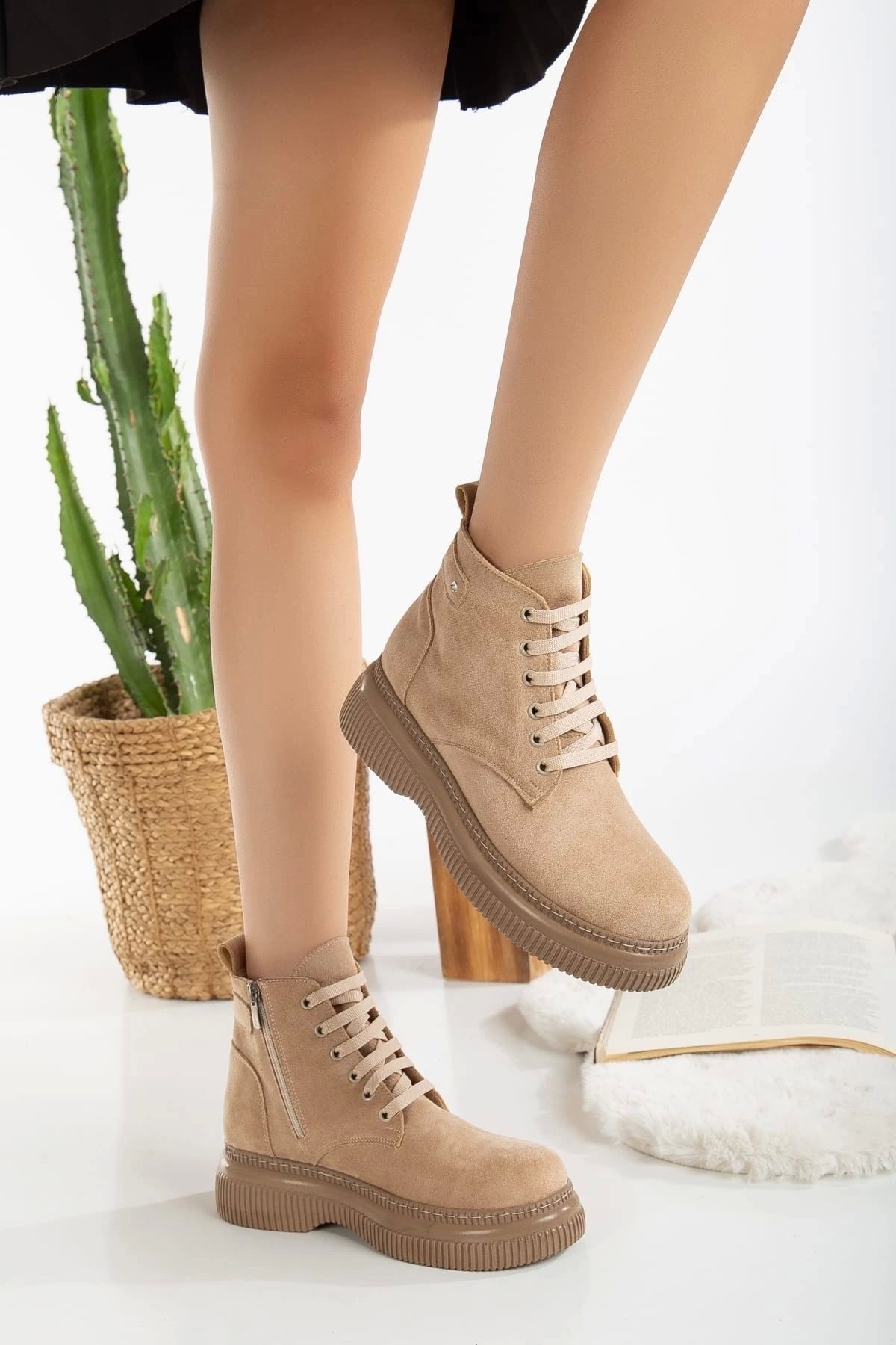 BellevieStore Jiwa Nude Süet Bağcıklı Bot
