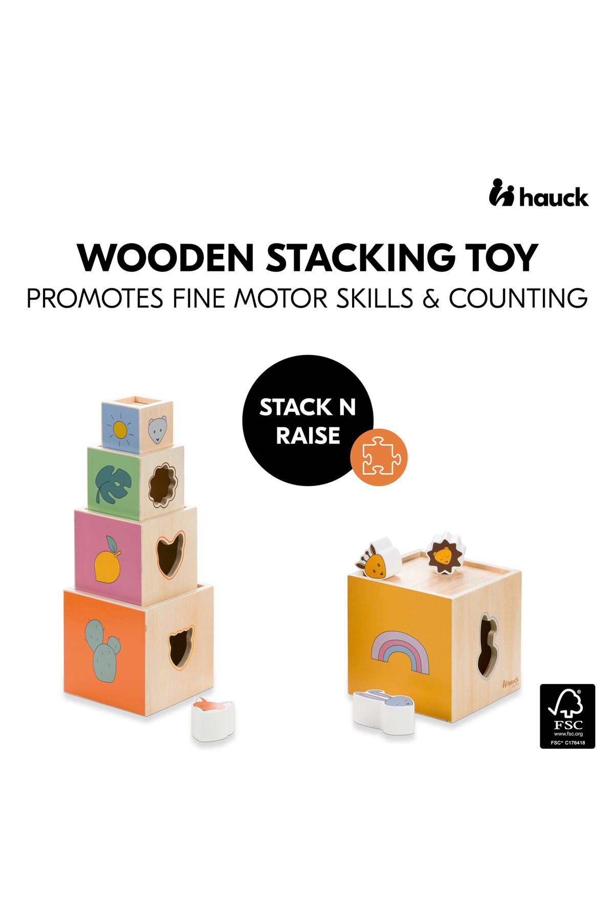 HAUCK-Wooden cube tower, sorting and matching, Hauck, Stack N Raise 8