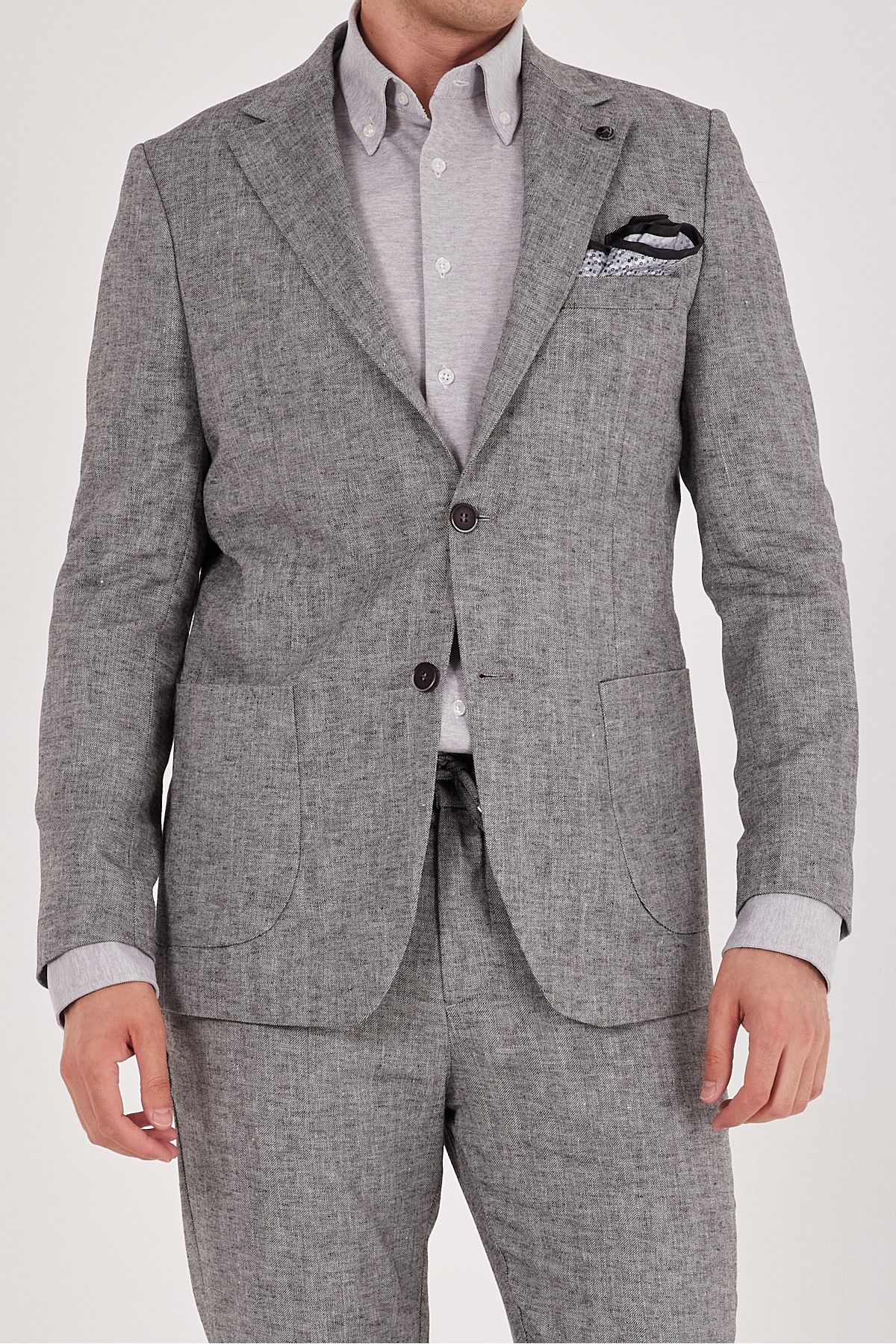 ACTUAL Slim Fit Keten Karışımlı Mono Yaka Torba Cep Takım Elbise 4071 Siyah