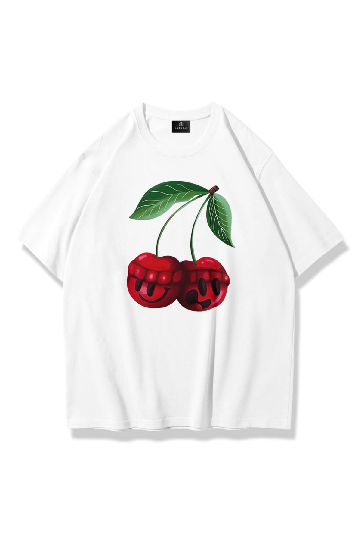 Trendiz Kadın Cherry Face Tshirt Beyaz