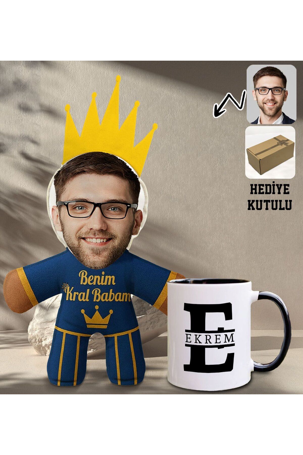 Bk Gift Kişiye Özel Fotoğraflı Kral Babam Tasarımlı Bebek Yastık-2 & Siyah Kupa Bardak Hediye Seti-4