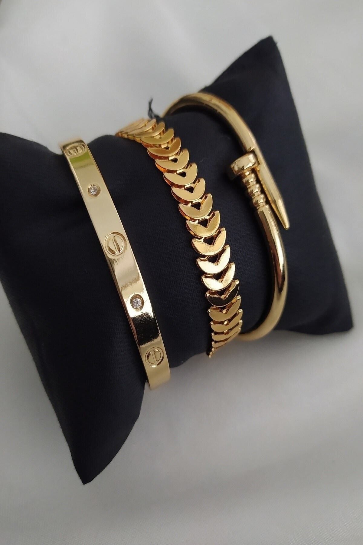 JEWELRY Kombin Kadın Altın Kaplama Taşlı Model Kılçık Ve Çivi Model Kombin Bileklik - 456
