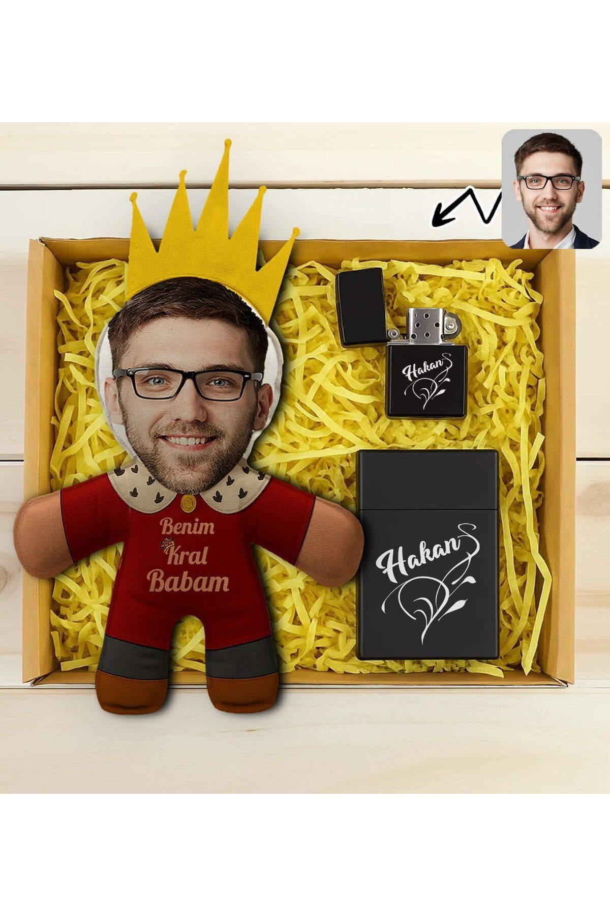 Bk Gift Kişiye Özel Fotoğraflı Kral Babam Tasarımlı Bebek Yastık-1 & Sigara Kutusu & Çakmak Hediye S
