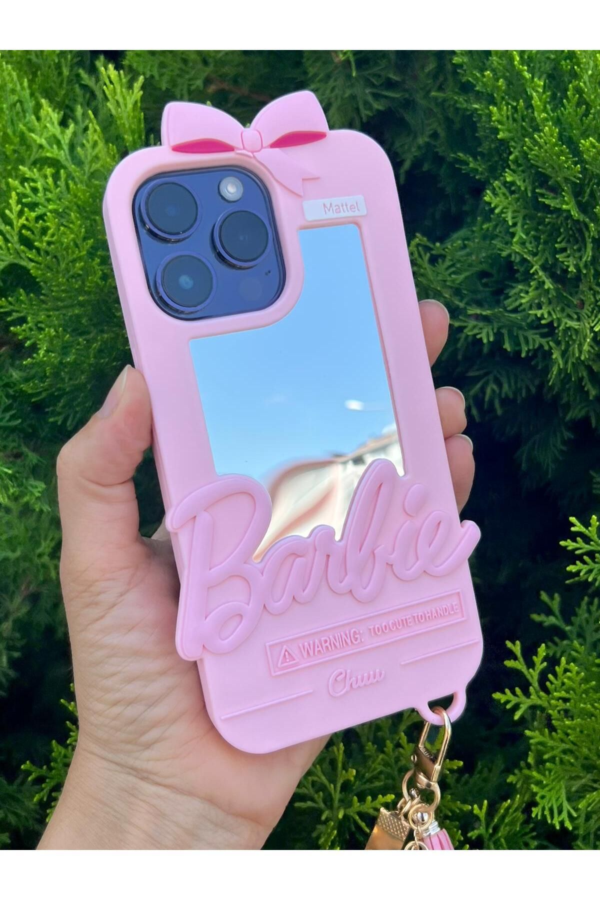 ZB Aksesuarda Moda iPhone 13 Pro Uyumlu Aynalı Ponponlu Barbi Silikon Kılıf