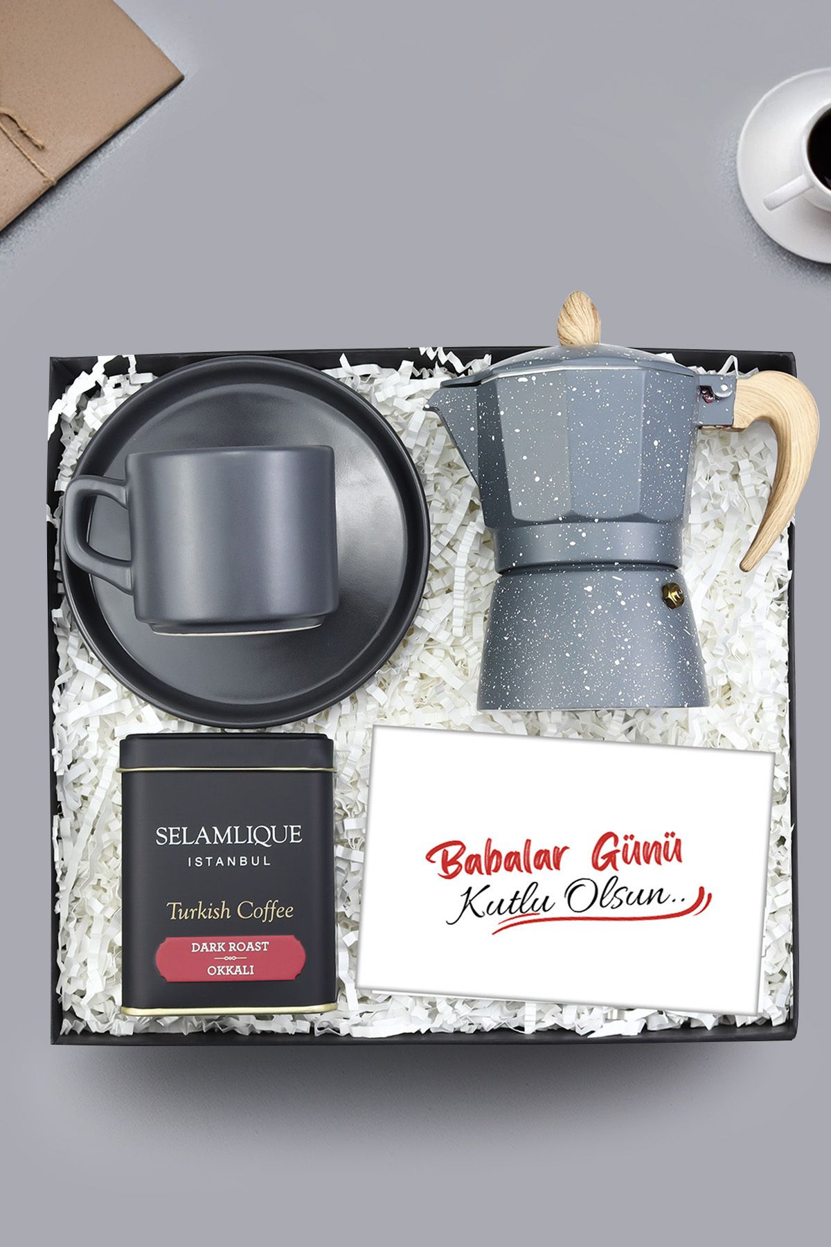 Trendmiya Moka Pot & Gri Double Fincan & Selamlıque Kahve Hediye Seti
