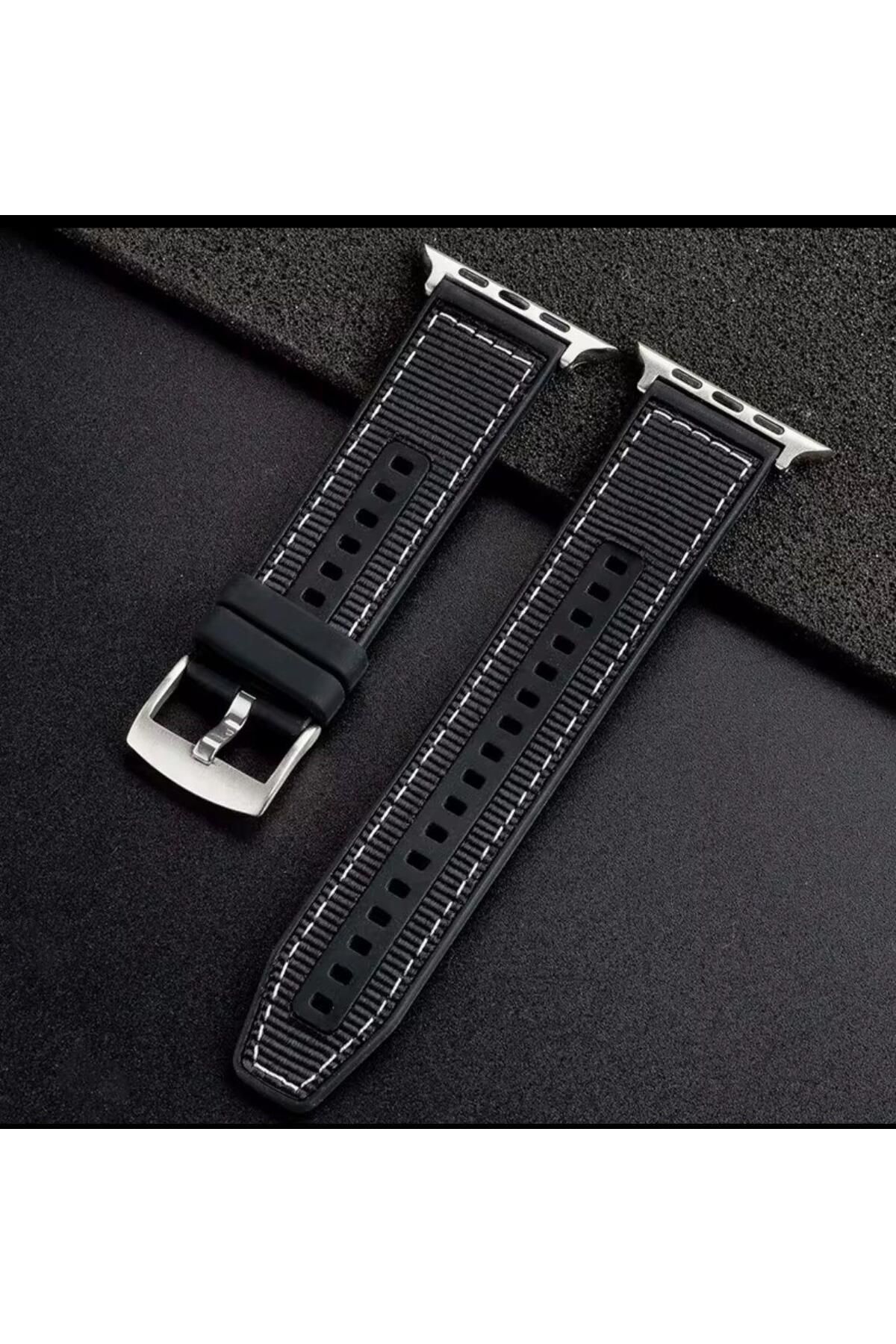 Mi7a Apple Watch 42/44MM Dikiş Desenli Dokuma Silikon Kordon