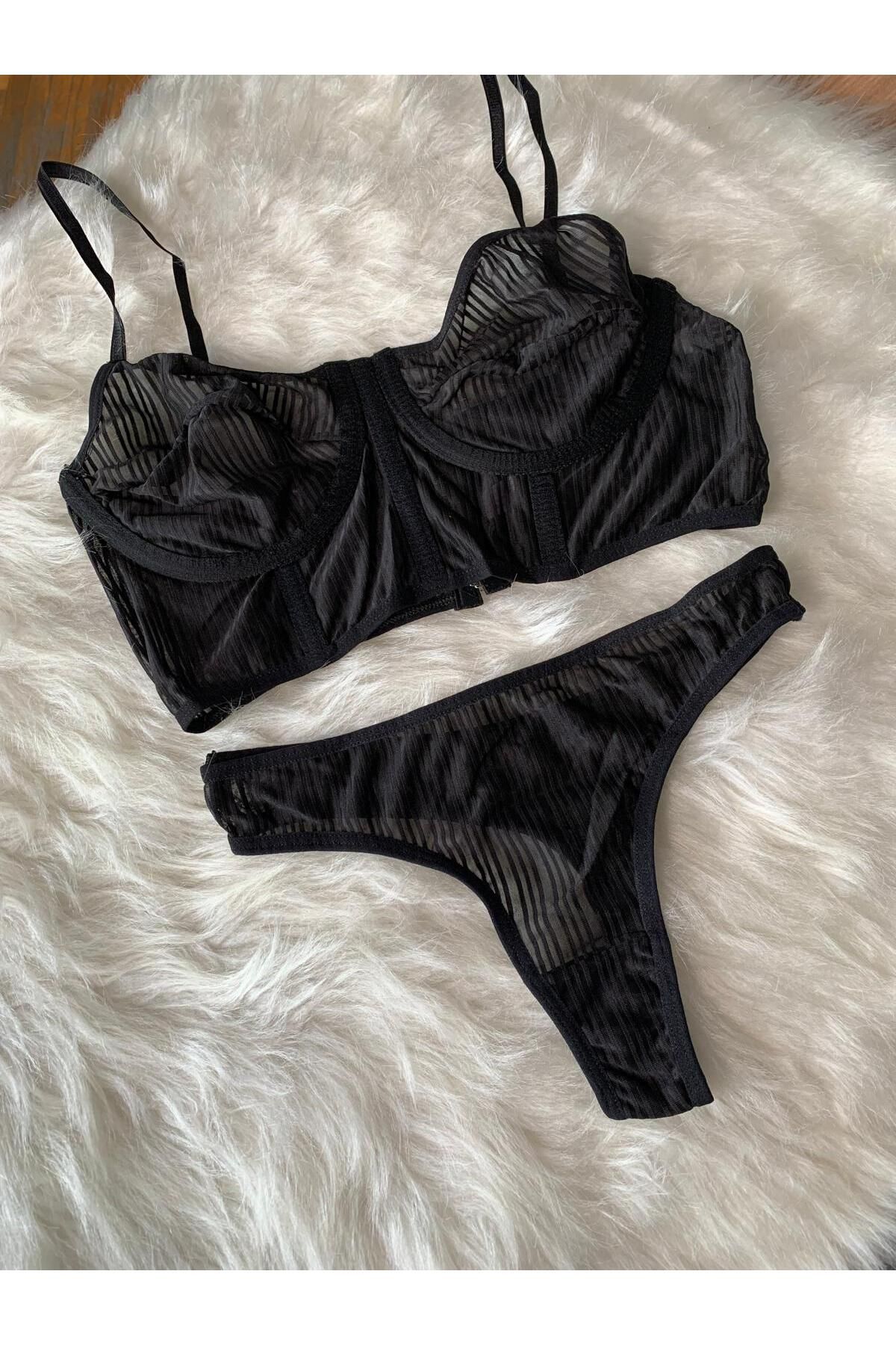 Gizliz Siyah Bralet Çizgili Takım