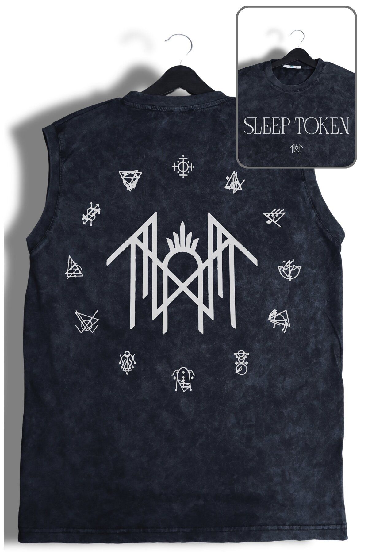 Fuddy Moda Sleep Token Sırt Baskılı Yıkamalı Kolsuz Tişört, Unisex Rock Band Temalı Sıfır Kollu Retro Atlet